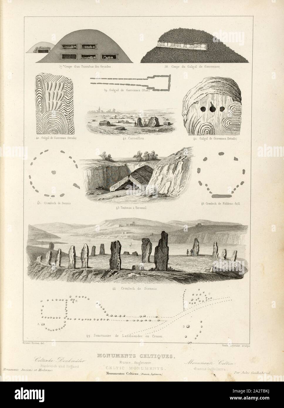 Monumento celtico, Francia, Inghilterra, monumenti della cultura celtica in Francia e Inghilterra, firmato: Ernest Breton (CANC.), Emile Lejeune (sculps.), Fig. 7, p. 51, Breton, Ernest (CANC.), Leujeune, Emile (sc.), 1853, Jules Gailhabaud: Monumenti anciens et modernes. Bd. 1. Parigi: Librairie de Firmin Didot frères, 1853 Foto Stock