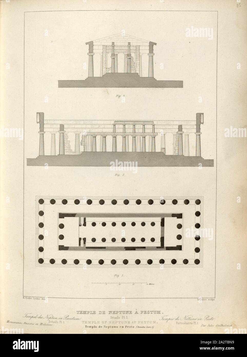Tempio di Nettuno a Paestum, vista in sezione e pianta del tempio di Nettuno  a Paestum in Italia, firmato: E. Viollet Leduc (CANC.), Lemaitre ha  (sculp.), Fig. 49, p. 221, Viollet-Le-Duc, Adolphe