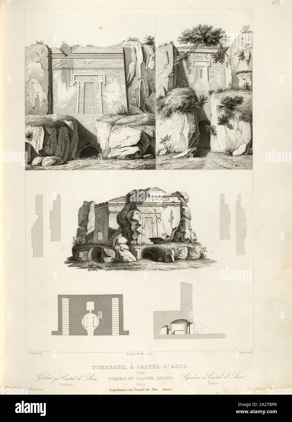 Le tombe a Castel d'Asso, Tombe a Castel d'Asso in Italia, firmato: d'après M. Alb., Lenoir, J.A. Léveil (CANC.); seppellire (sculp.), Fig. 67, p. 301, Lenoir, Alb. D'après); Léveil, J. A. (CANC.); seppellire (sc.), 1853, Jules Gailhabaud: Monumenti anciens et modernes. Bd. 1. Parigi: Librairie de Firmin Didot frères, 1853 Foto Stock