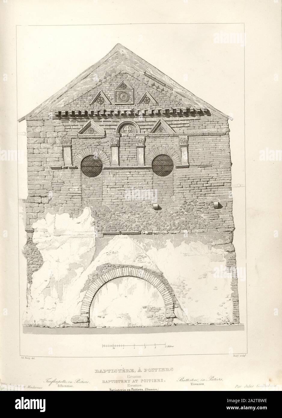 Battistero di Poitiers. Elevazione, Battistero St-Jean a Poitiers, firmato: Annuncio., Berty del, Bury sculp, Fig. 25, p. 97, Berty, Adolphe (CANC.); seppellire, Jean Baptiste Marie (sc.), 1853, Jules Gailhabaud: Monumenti anciens et modernes: raccolta formant une histoire de l'architettura des Peuples différents à toutes les epoche. Parigi: Librairie de Firmin Didot frères, 1853 Foto Stock