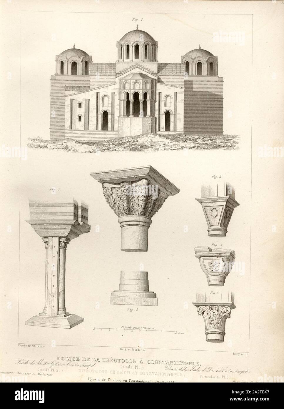 Chiesa dell'Theotocos a Costantinopoli. Dettagli, Pl. 3, Acem a un Mescidi, ex chiesa di Sancta Maria de Cinctura in Istanbul, firmato: D'après il Sig. Albert Lenoir; seppellire et Jourdan del, Bury sculps, Fig. 35, p. 127, Lenoir, Albert (inv.); Jourdan, Jean Marie (CANC. d'après Albert Lenoir); seppellire, Jean Baptiste Marie (CANC. d'après Albert Lenoir et sc.), 1853, Jules Gailhabaud: Monumenti anciens et modernes: raccolta formant une histoire de l'architettura des Peuples différents à toutes les epoche. Parigi: Librairie de Firmin Didot frères, 1853 Foto Stock