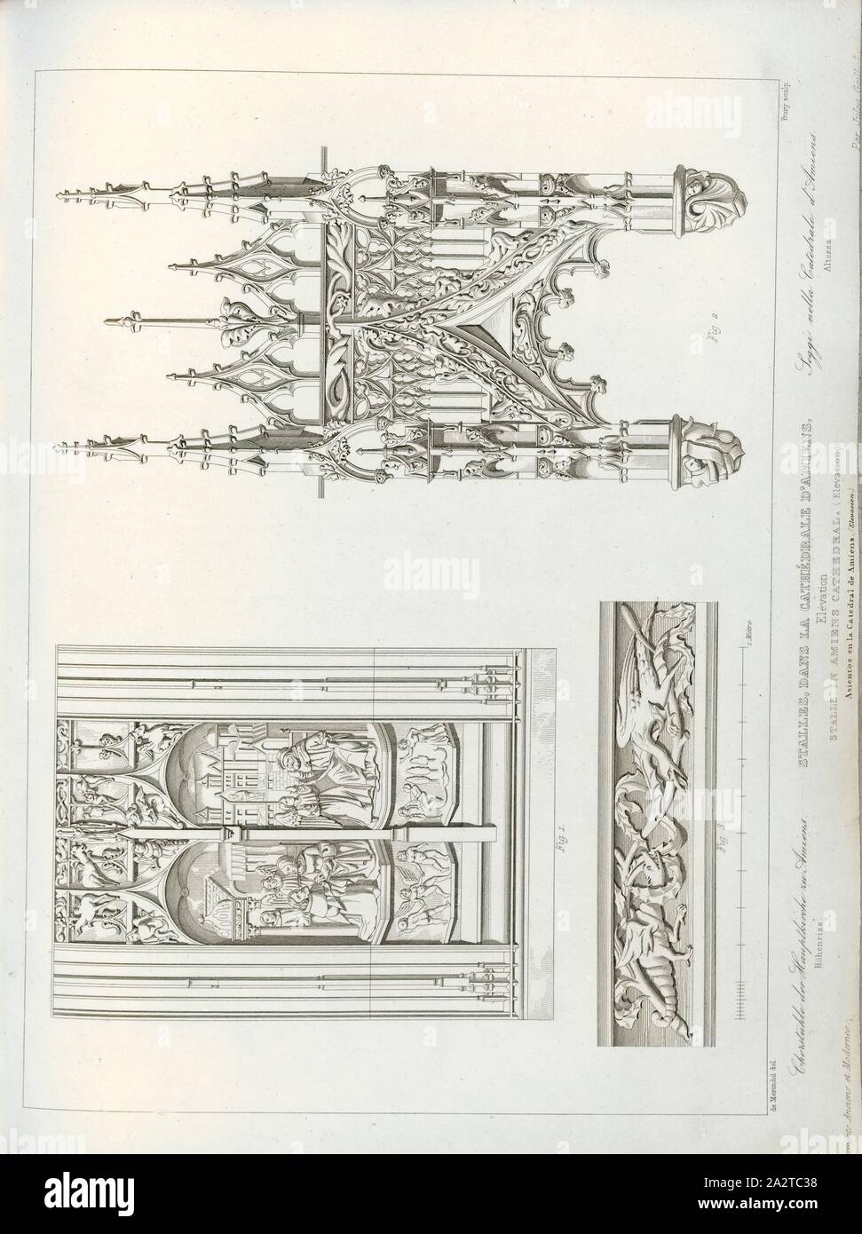 Bancarelle, nella cattedrale di Amiens. Elevazione, coro nella cattedrale di Notre Dame d'cattedrale di Amiens, firmato: de Mérindol del, Bury sculp, Pl., 65, Merindol, Jules Charles Joseph de (CANC.); seppellire, Jean Baptiste Marie (sc.), 1853, Jules Gailhabaud: Monumenti anciens et modernes: raccolta formant une histoire de l'architettura des Peuples différents à toutes les epoche. Parigi: Librairie de Firmin Didot frères, 1853 Foto Stock