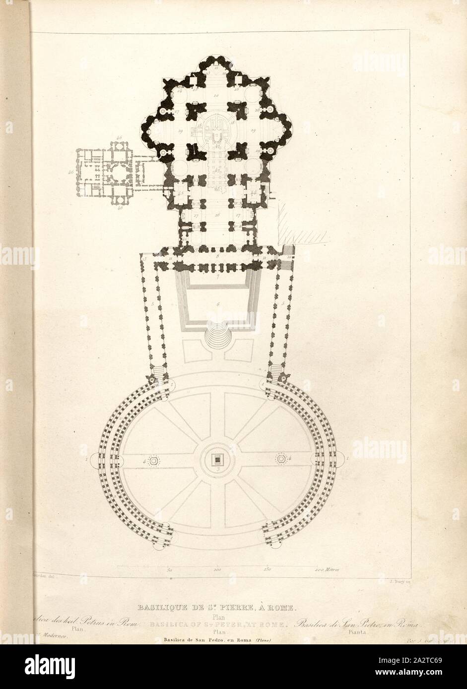Basilica di San Pietro a Roma. Piano, piano di pavimento della Basilica di San Pietro (St. San Pietro e Piazza San Pietro in Vaticano, firmato: Jourdan del, J. Bury sc, Fig. 10, p. 97, Jourdan, J. (CANC.); seppellire, Jean Baptiste Marie (sc.), 1853, Jules Gailhabaud: Monumenti anciens et modernes: raccolta formant une histoire de l'architettura des Peuples différents à toutes les epoche. Parigi: Librairie de Firmin Didot frères, 1853 Foto Stock