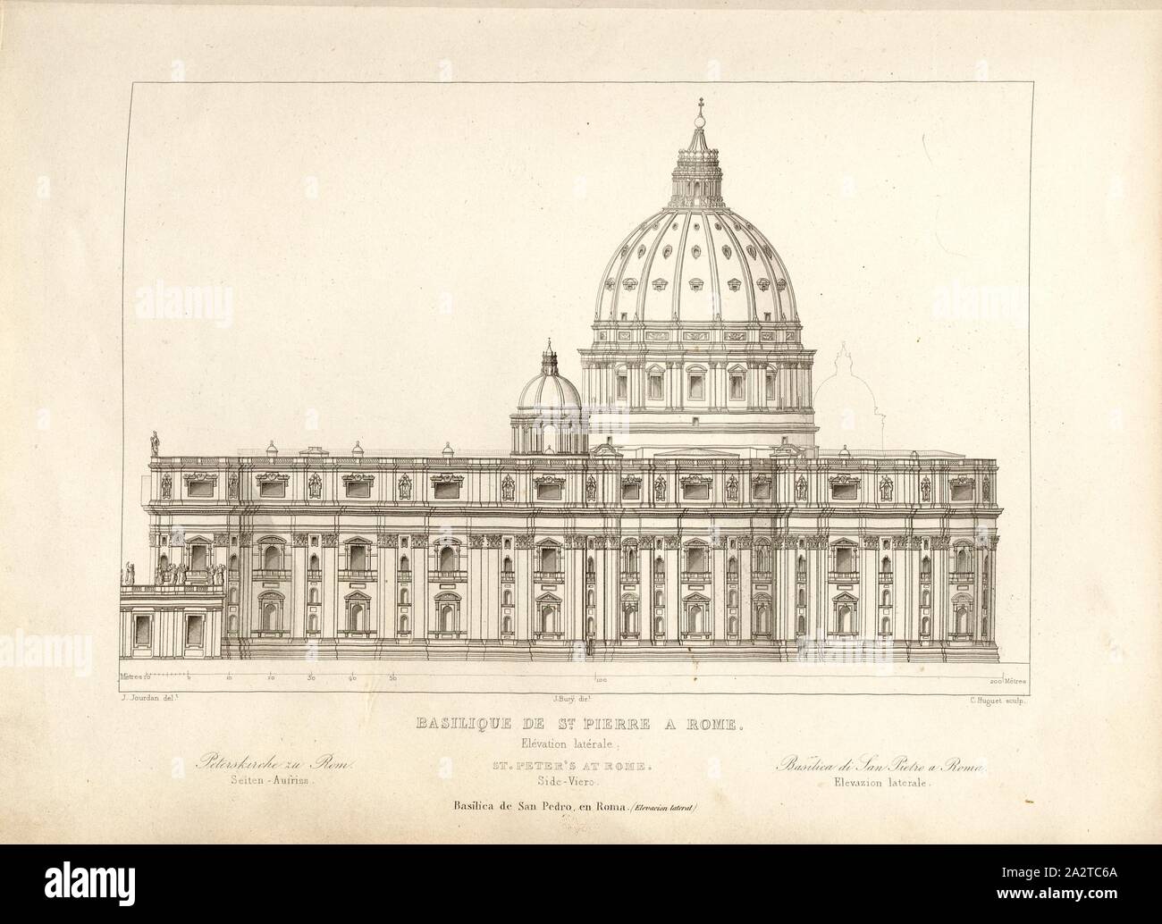 Basilica di San Pietro a Roma. Elevazione laterale, elevazione della Basilica di San Pietro (Basilica di San Pietro in Vaticano, firmato: J. Jourdan del, J. Bury dir, C. Huguet sculp, Fig. 11, p. 99, Jourdan, J. (CANC.); seppellire, J. (dir.); Huguet, Claude (sc.), 1853, Jules Gailhabaud: Monumenti anciens et modernes: raccolta formant une histoire de l'architettura des Peuples différents à toutes les epoche. Parigi: Librairie de Firmin Didot frères, 1853 Foto Stock