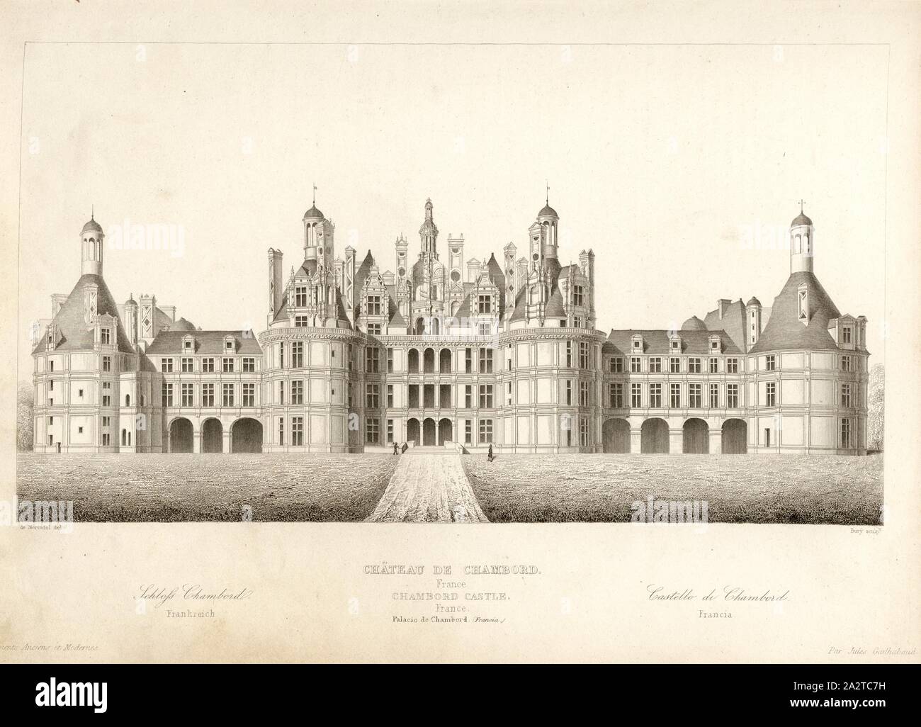 Castello di Chambord. Francia, Chateau de Chambord nella Valle della Loira, firmato: de Mérindol del, Bury sculp, Fig. 37, p. 189, Merindol, Jules Charles Joseph de (CANC.); seppellire, Jean Baptiste Marie (sc.), 1853, Jules Gailhabaud: Monumenti anciens et modernes: raccolta formant une histoire de l'architettura des Peuples différents à toutes les epoche. Parigi: Librairie de Firmin Didot frères, 1853 Foto Stock