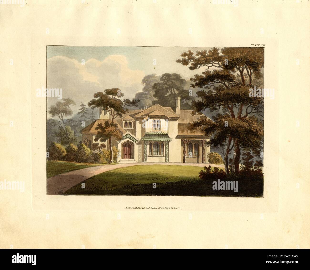 Gentleman's Cottage 2, vista in elevazione di una country house, Pl. XII, p. 31, Robert Lugar: bozzetti architettonici per cottage, abitazioni rurali e ville, in Grecian, gotico e stili di fantasia: con piani; adatto a persone di vita signorile e moderata fortune.: preceduta da alcune osservazioni sul paesaggio e il carattere corretto per i pittoreschi edifici. Londra: stampate per J. Taylor, presso la biblioteca architettonica, 1823 Foto Stock