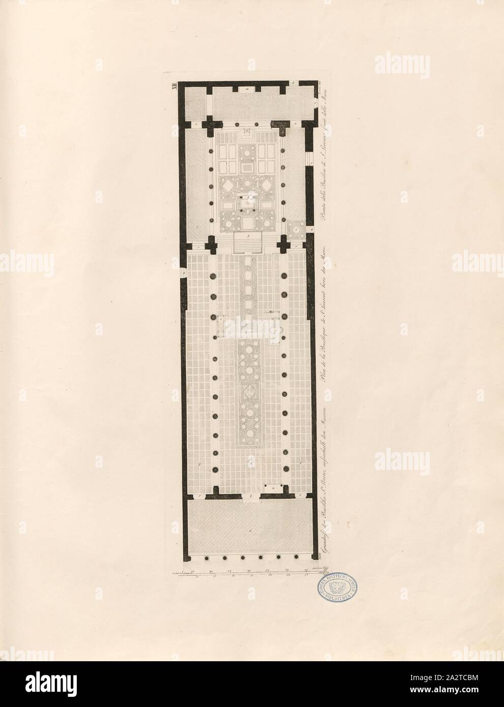 Piano di pavimento della Basilica di San Lorenzo fuori le mura, la Basilica di San Lorenzo nella parte anteriore delle pareti in Roma, firmato: MKPP, TAF. XII, p. 6, Knapp, I. M. (dis.), Christian Karl Josias von Bunsen: Die Basiliken des christlichen Rom: nach ihrem Zusammenhange mit Idee und Geschichte der Kirchenbaukunst. Bd. 2. München: Literarisch-artistische Anstalt der J. G. Cotta'schen Buchhandlung, [1824 Foto Stock