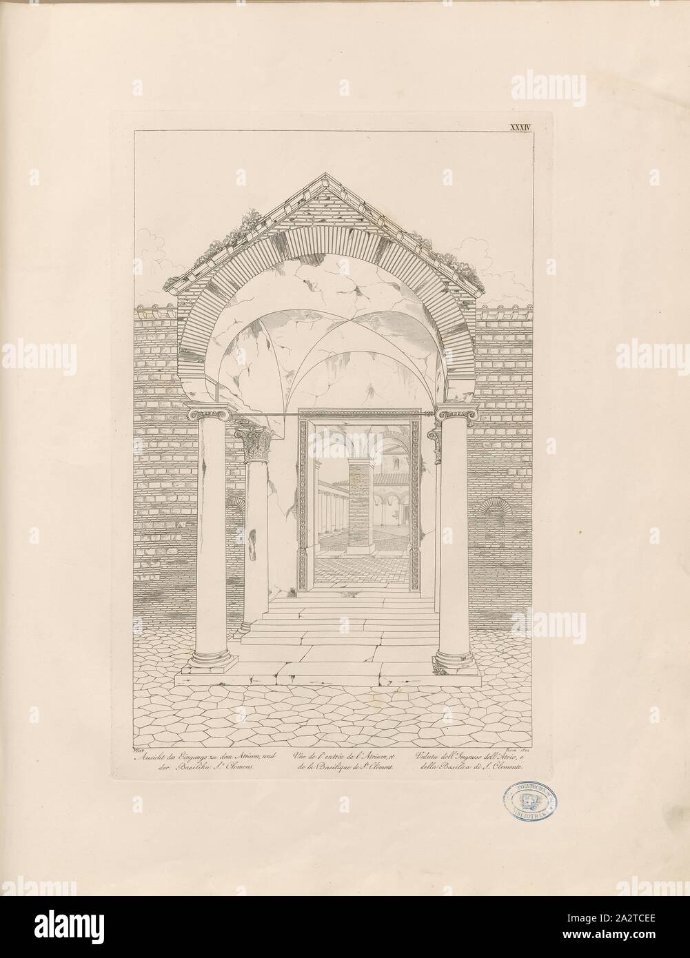 Vista dell'ingresso in atrio e la Basilica di San Clemente, Basilica di San Clemente in Laterano a Roma firmato: MKPP, TAF. XXXIV, dopo p. 6, Knapp, I. M. (dis.), Christian Karl Josias von Bunsen: Die Basiliken des christlichen Rom: nach ihrem Zusammenhange mit Idee und Geschichte der Kirchenbaukunst. Bd. 2. München: Literarisch-artistische Anstalt der J. G. Cotta'schen Buchhandlung, [1824 Foto Stock