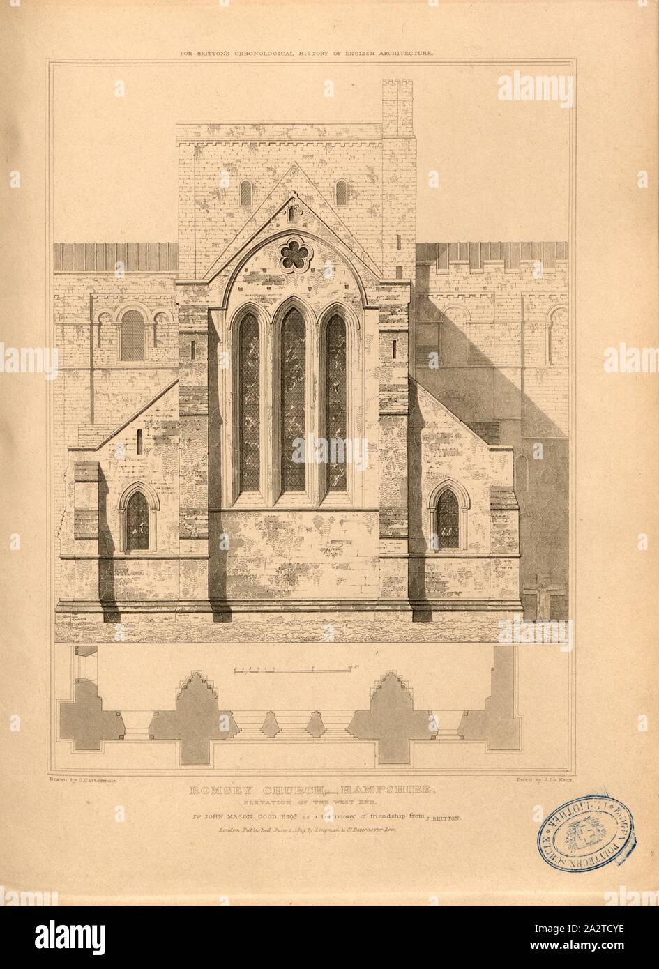 Romsey Chiesa, Hampshire, elevazione del west end, elevazione del Romsey Abbey Church a Romsey, Hampshire, firmato: disegnato da G. Cattermole; Etch'd da John Le Keux; pubblicato da Longman & Co, Fig. 39, p. 260, Cattermole, George (disegno); Keux, John Le (etching); Longman & Co. (Pubblicata), 1819, John Britton: l'antichità architettoniche di Gran Bretagna: rappresentato ed illustrato in una serie di viste, elevazioni, piani, le sezioni e i dettagli di vari antichi edifici inglese: con la cronologia e conti descrittivo di ciascuno. Bd. 5. Londra: J. Taylor, 1807-1826 Foto Stock