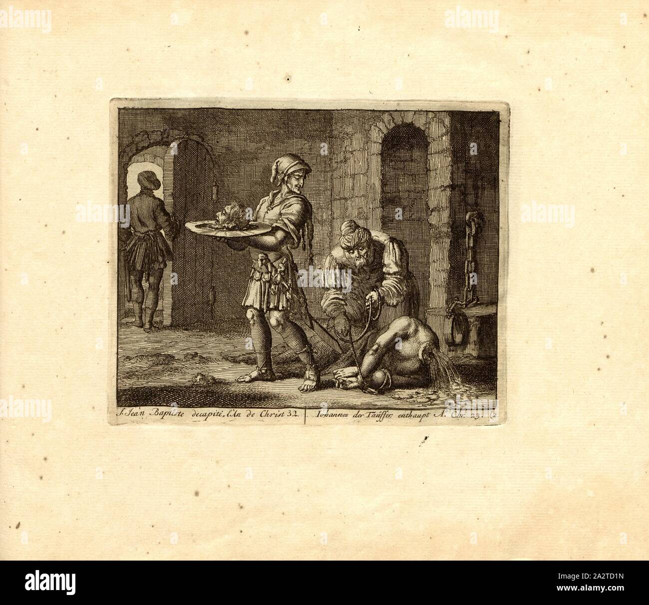 San Giovanni Battista decapiti, l'una di Cristo 32, parallelo Titolo: Giovanni Battista, Ent. Un nn o Chr. 23, incisione su rame, 2.), p. 13, Luyken, Jan (inv. et fec.), Jan Luyken: Théâtre des Martyrs: depuis la mort de J.Cristo jusqu'à presente: représenté en très belles tailles-douces = Schau-Bühne der Martirer; gezeichnet und in Kuppfer gestochen. Leyde: Chez Pierre Van der Aa, [1711 Foto Stock