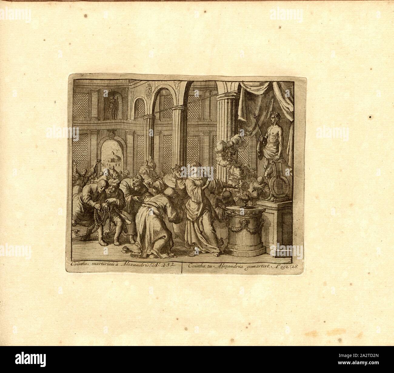 Cointha, martirizzata ad Alessandria, anno 252, parallelo titolo: Cointha torturato a Alessandria e nn o 252, incisione su rame, 28.), p. 65, Luyken, Jan (inv. et fec.), Jan Luyken: Théâtre des Martyrs: depuis la mort de J.Cristo jusqu'à presente: représenté en très belles tailles-douces = Schau-Bühne der Martirer; gezeichnet und in Kuppfer gestochen. Leyde: Chez Pierre Van der Aa, [1711 Foto Stock