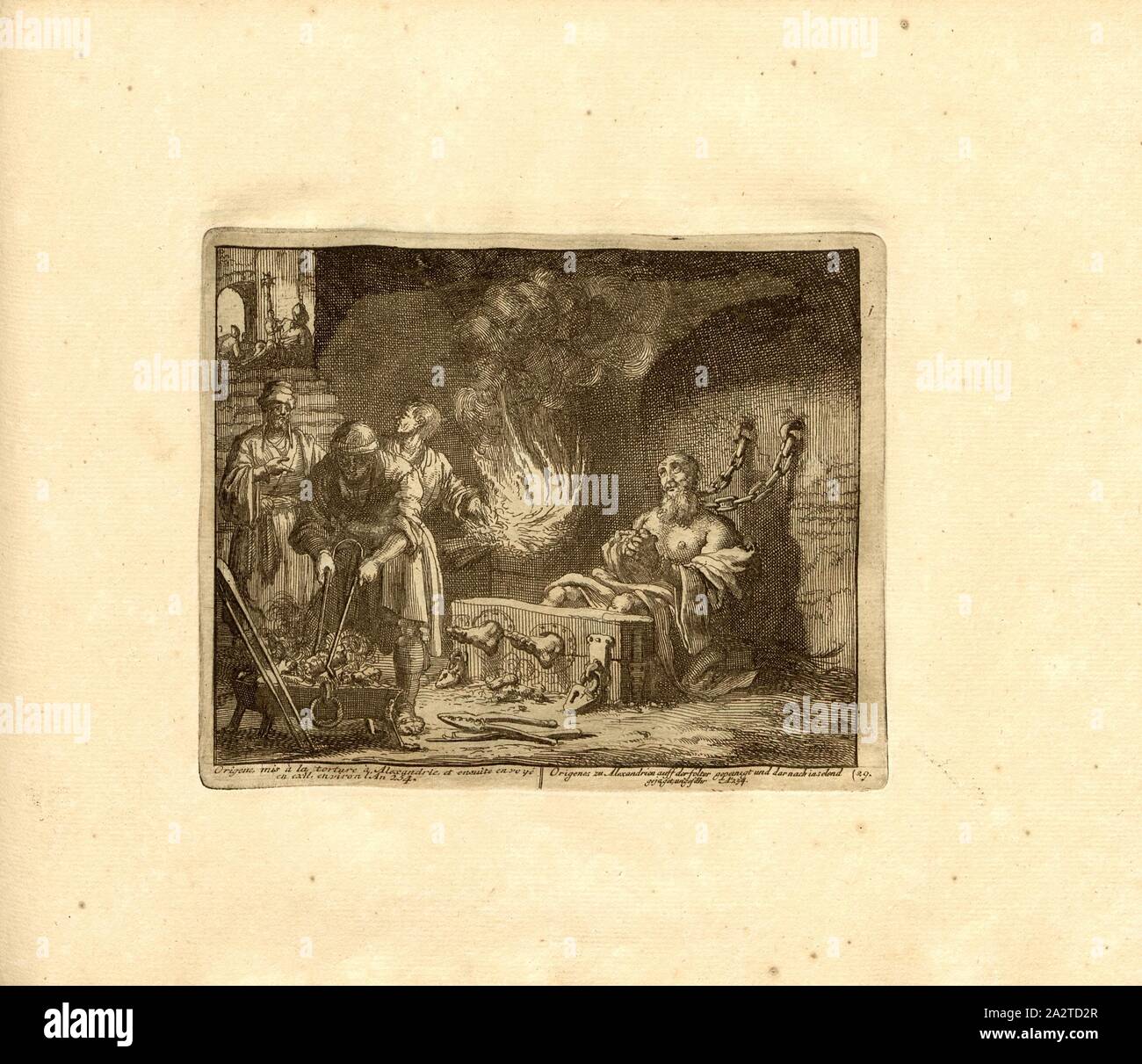 Origene, messo alla tortura in Alessandria e poi inviato in esilio, intorno all'anno 254, parallelo titolo: Origene ad Alessandria torturati e torturato alla miseria, circa un nn o 254, calcografia, 29.), p. 67, Luyken, Jan (inv. et fec.), Jan Luyken: Théâtre des Martyrs: depuis la mort de J.Cristo jusqu'à presente: représenté en très belles tailles-douces = Schau-Bühne der Martirer; gezeichnet und in Kuppfer gestochen. Leyde: Chez Pierre Van der Aa, [1711 Foto Stock
