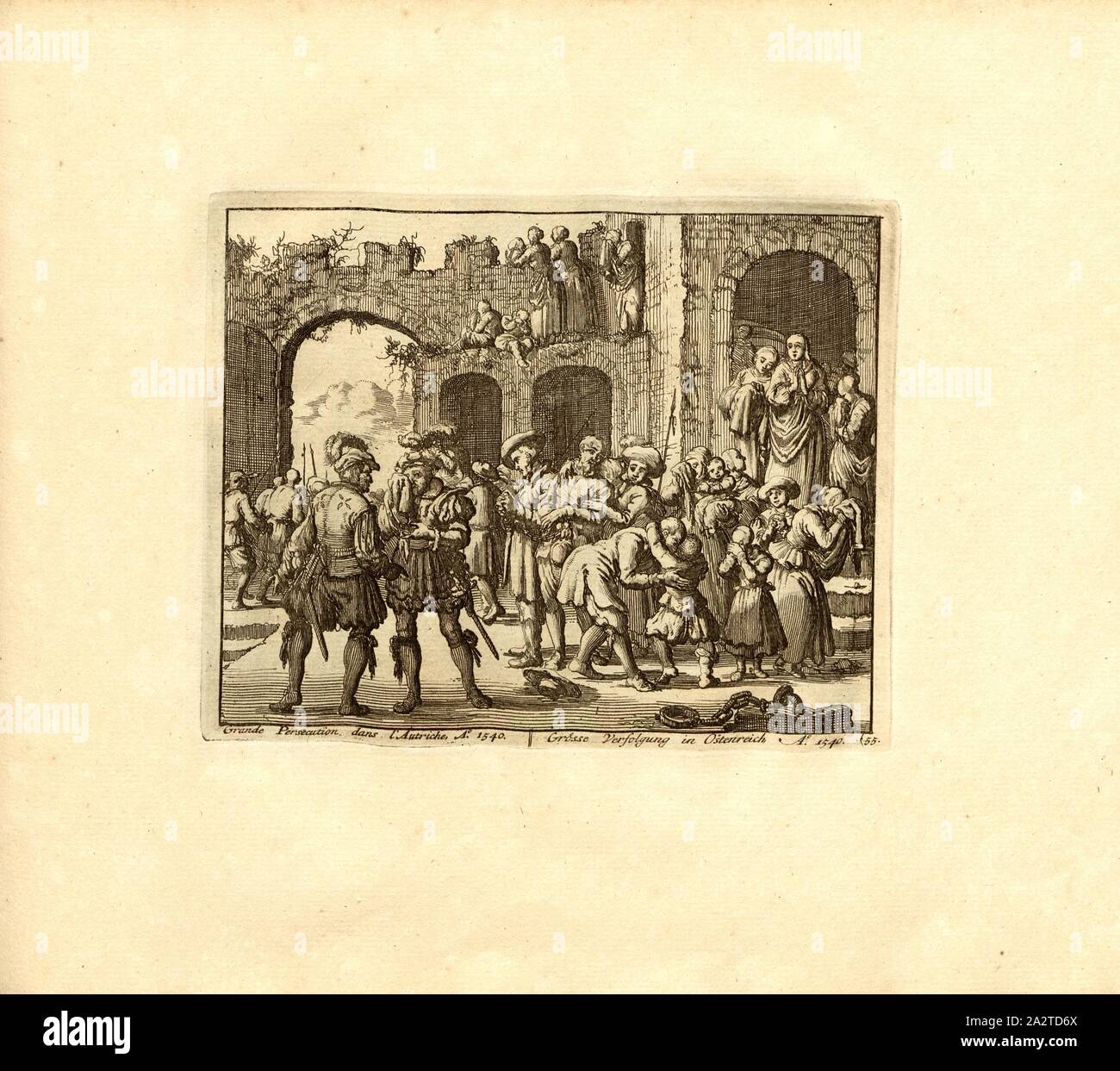 Grande persecuzione in Austria, Anno 1540, parallele Titolo: Dimensione persecuzione in Austria un nn o 1540, incisione su rame, 55.), p. 119, Luyken, Jan (inv. et fec.), Jan Luyken: Théâtre des Martyrs: depuis la mort de J.Cristo jusqu'à presente: représenté en très belles tailles-douces = Schau-Bühne der Martirer; gezeichnet und in Kuppfer gestochen. Leyde: Chez Pierre Van der Aa, [1711 Foto Stock
