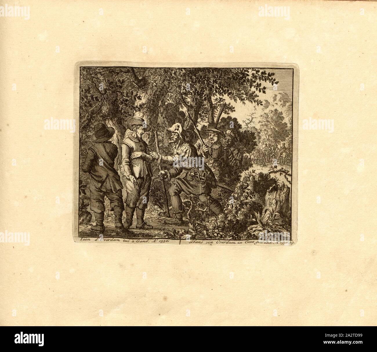 Overdam's Iean uccisi al Grand, Anno 1550, parallele titolo: Hans di Overdam uccisi a Gand, a nn o 1550, incisione su rame, 59.), p. 127, Luyken, Jan (inv. et fec.), Jan Luyken: Théâtre des Martyrs: depuis la mort de J.Cristo jusqu'à presente: représenté en très belles tailles-douces = Schau-Bühne der Martirer; gezeichnet und in Kuppfer gestochen. Leyde: Chez Pierre Van der Aa, [1711 Foto Stock