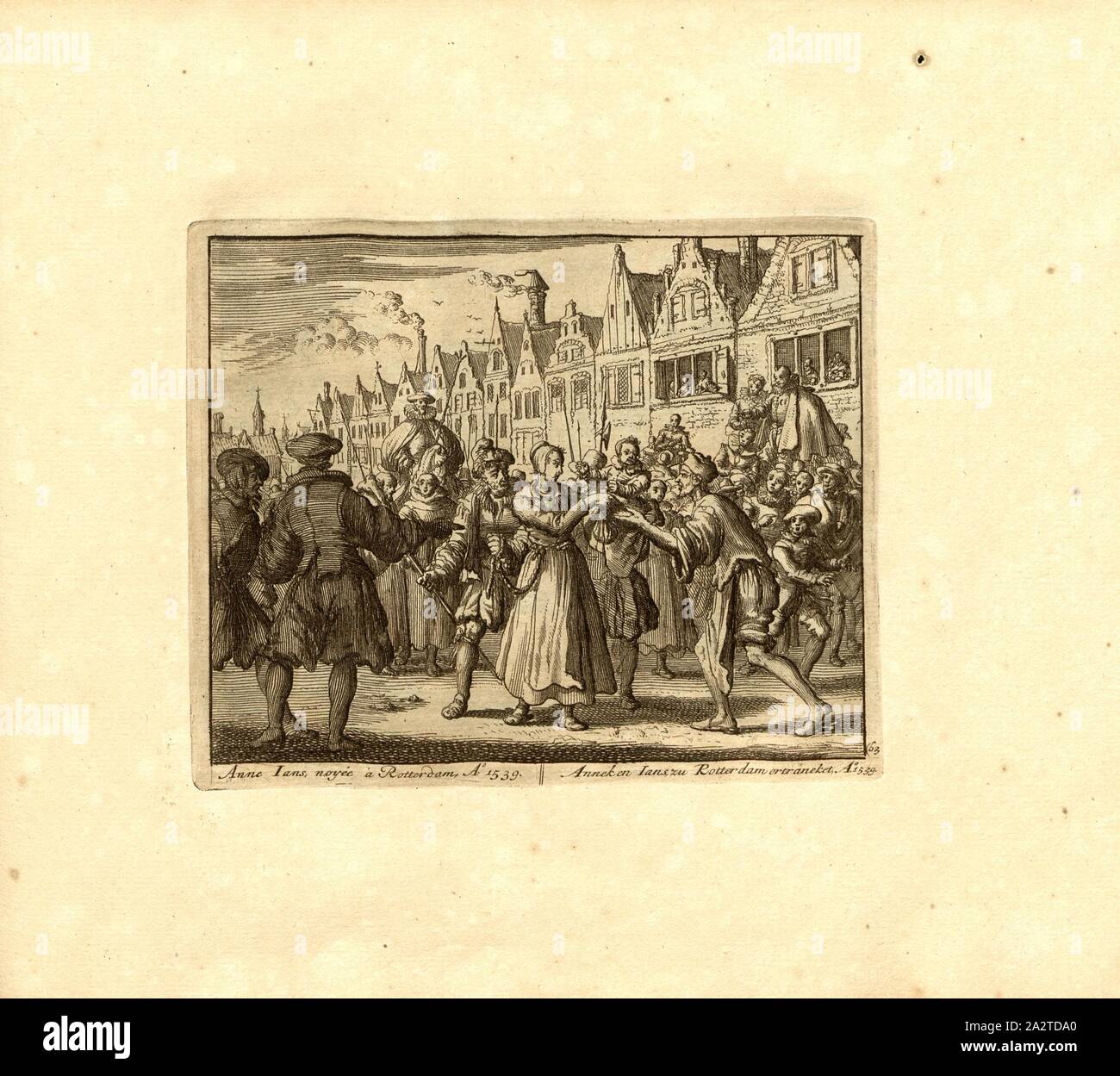 Anne Ians affogato in Rotterdam, Anno 1539, parallele titolo: Anneken Ians affogato in Rotterdam, A nn o 1539, incisione su rame, 63.), p. 135, Luyken, Jan (inv. et fec.), Jan Luyken: Théâtre des Martyrs: depuis la mort de J.Cristo jusqu'à presente: représenté en très belles tailles-douces = Schau-Bühne der Martirer; gezeichnet und in Kuppfer gestochen. Leyde: Chez Pierre Van der Aa, [1711 Foto Stock