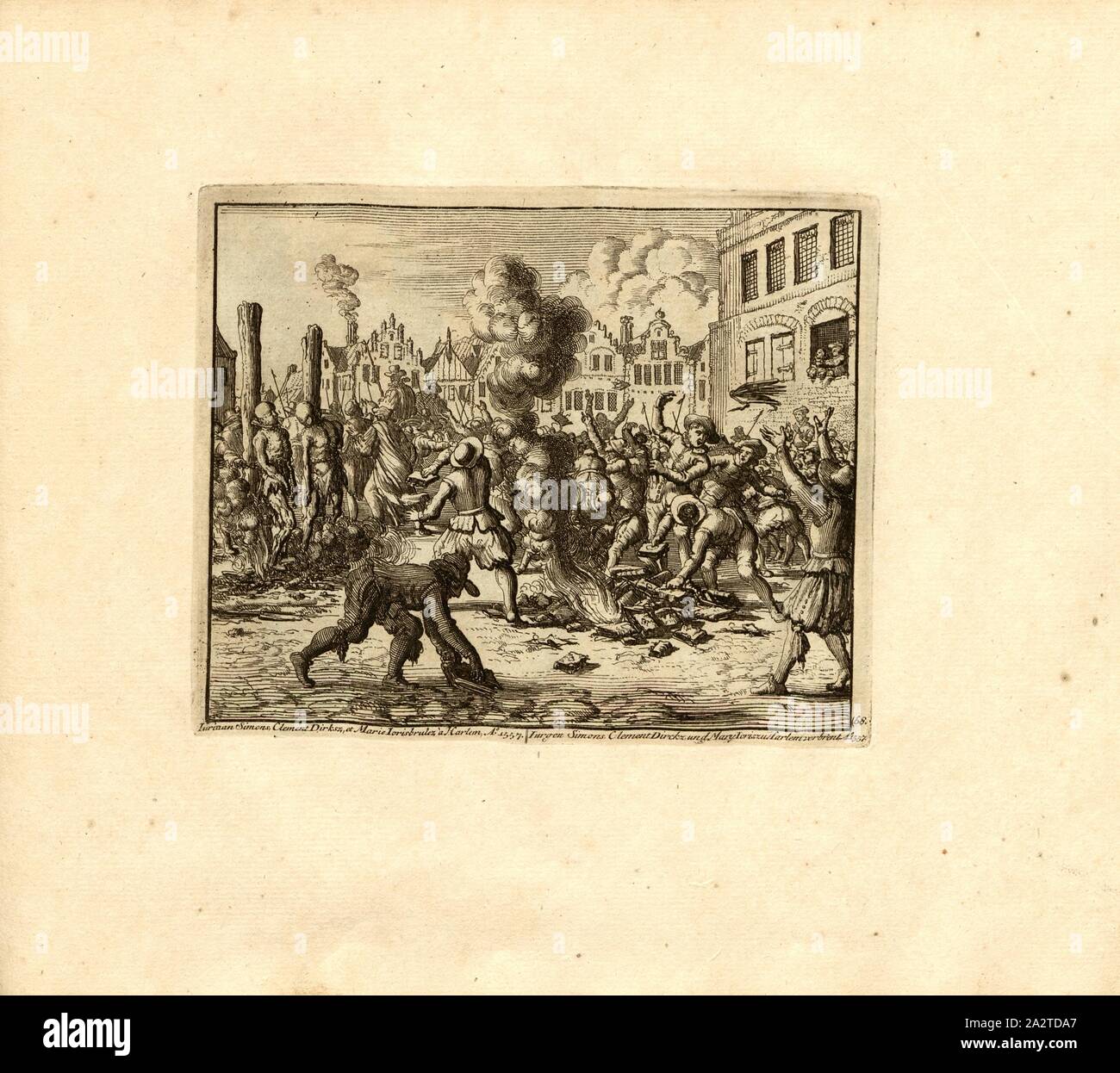 Iurinan Simons, Clemente Dirksz, e Marie Iorisbrulez, in Harlem, Anno 1557, parallele titolo: Iurgen Simons, Clemente Dirckz e Maria Ioris su Harlem spesi a nn o 1557, incisione su rame, 68.), p. 145, Luyken, Jan (inv. et fec.), Jan Luyken: Théâtre des Martyrs: depuis la mort de J.Cristo jusqu'à presente: représenté en très belles tailles-douces = Schau-Bühne der Martirer; gezeichnet und in Kuppfer gestochen. Leyde: Chez Pierre Van der Aa, [1711 Foto Stock