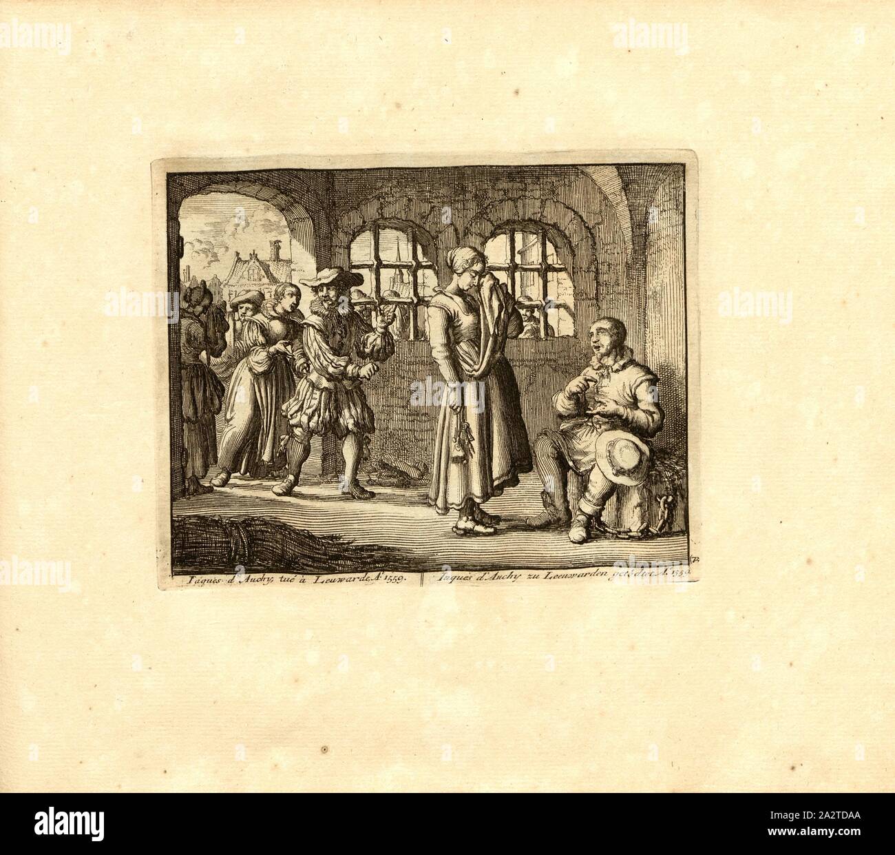 Iaques d'Auchy, ucciso a Leuwarde, Anno 1559, parallele titolo: Iaques d'Auchy uccisi a Leeuwarden, un nn o 1559, incisione su rame, 72.), p. 153, Luyken, Jan (inv. et fec.), Jan Luyken: Théâtre des Martyrs: depuis la mort de J.Cristo jusqu'à presente: représenté en très belles tailles-douces = Schau-Bühne der Martirer; gezeichnet und in Kuppfer gestochen. Leyde: Chez Pierre Van der Aa, [1711 Foto Stock