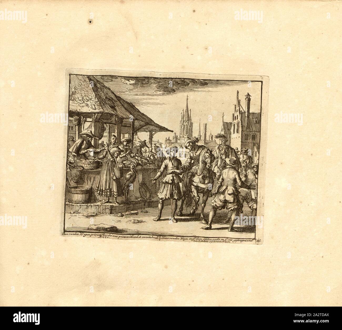 Iean van den Wegen, pescato al mercato del pesce di Gand, e poi bruciato, Anno 1570, parallele Titolo: Hans dei modi, pescato al mercato del pesce a Gand e bruciato per bene, un nn o 1570, incisione su rame, 86.), p. 181, Luyken, Jan (inv. et fec.), Jan Luyken: Théâtre des Martyrs: depuis la mort de J.Cristo jusqu'à presente: représenté en très belles tailles-douces = Schau-Bühne der Martirer; gezeichnet und in Kuppfer gestochen. Leyde: Chez Pierre Van der Aa, [1711 Foto Stock