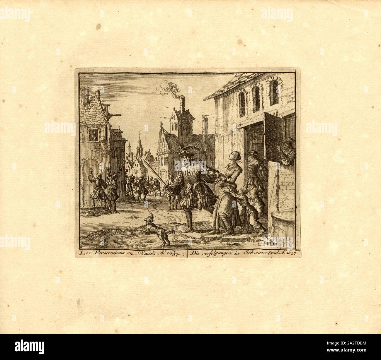 Le persecuzioni in Svizzera, anno 1637, parallele Titolo: La insegue in Schwitzerland, un nn o 1637, incisione su rame, 104.), p. 217, Luyken, Jan (inv. et fec.), Jan Luyken: Théâtre des Martyrs: depuis la mort de J.Cristo jusqu'à presente: représenté en très belles tailles-douces = Schau-Bühne der Martirer; gezeichnet und in Kuppfer gestochen. Leyde: Chez Pierre Van der Aa, [1711 Foto Stock