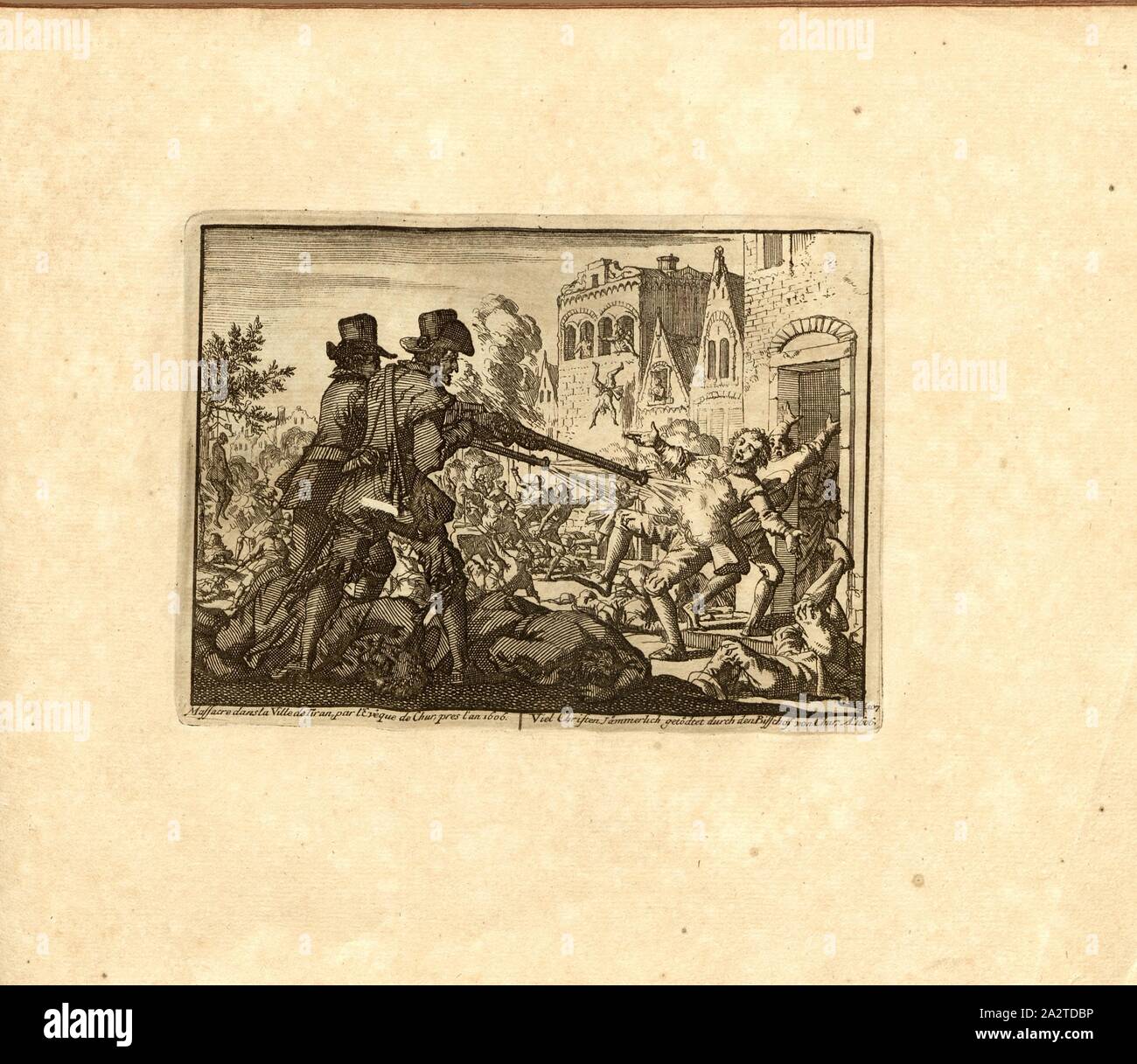 Massacro nella città di Tiran, dal Vescovo di Coira, vicino l'anno 1606, parallelamente Titolo: Molti cristiani miseramente ucciso dal vescovo di Coira, un nn o 1606, incisione su rame, 107.), p. 223, Luyken, Jan (inv. et fec.), Jan Luyken: Théâtre des Martyrs: depuis la mort de J.Cristo jusqu'à presente: représenté en très belles tailles-douces = Schau-Bühne der Martirer; gezeichnet und in Kuppfer gestochen. Leyde: Chez Pierre Van der Aa, [1711 Foto Stock