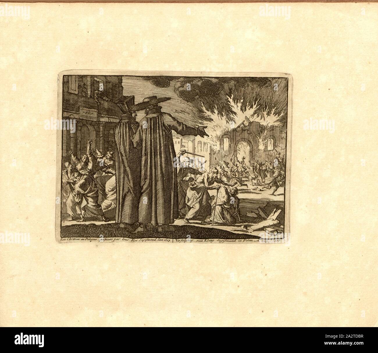 I cristiani in Polonia perseguitati dal loro re Sigismondo 1617, parallele titolo: persecuzione del re Sigismondo in Polonia un nn o 1617, incisione su rame, 108.), p. 225, Luyken, Jan (inv. et fec.), Jan Luyken: Théâtre des Martyrs: depuis la mort de J.Cristo jusqu'à presente: représenté en très belles tailles-douces = Schau-Bühne der Martirer; gezeichnet und in Kuppfer gestochen. Leyde: Chez Pierre Van der Aa, [1711 Foto Stock