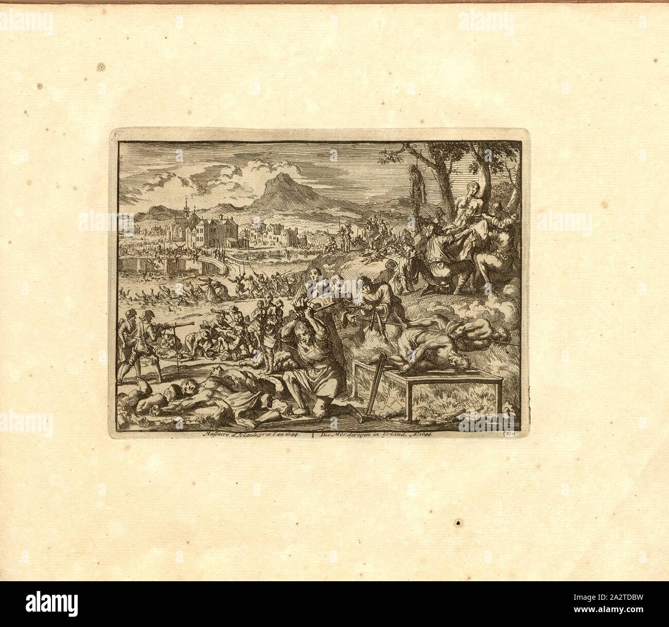 Massacro di Irlanda, vicino l'anno 1644, parallele Titolo: l'assassinio di Yen in Yrland, un nn o 1644, incisione su rame, 110.), p. 229, Luyken, Jan (inv. et fec.), Jan Luyken: Théâtre des Martyrs: depuis la mort de J.Cristo jusqu'à presente: représenté en très belles tailles-douces = Schau-Bühne der Martirer; gezeichnet und in Kuppfer gestochen. Leyde: Chez Pierre Van der Aa, [1711 Foto Stock