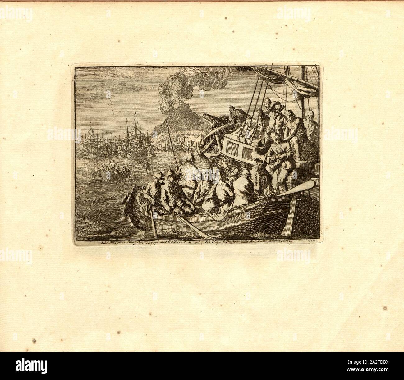 I Ministri Hector inviato a Galleres, anno 1674, parallele titolo: Il Predicatore Ungerese portato alla Galeren, un nn o 1674, incisione su rame, 112.), p. 233, Luyken, Jan (inv. et fec.), Jan Luyken: Théâtre des Martyrs: depuis la mort de J.Cristo jusqu'à presente: représenté en très belles tailles-douces = Schau-Bühne der Martirer; gezeichnet und in Kuppfer gestochen. Leyde: Chez Pierre Van der Aa, [1711 Foto Stock
