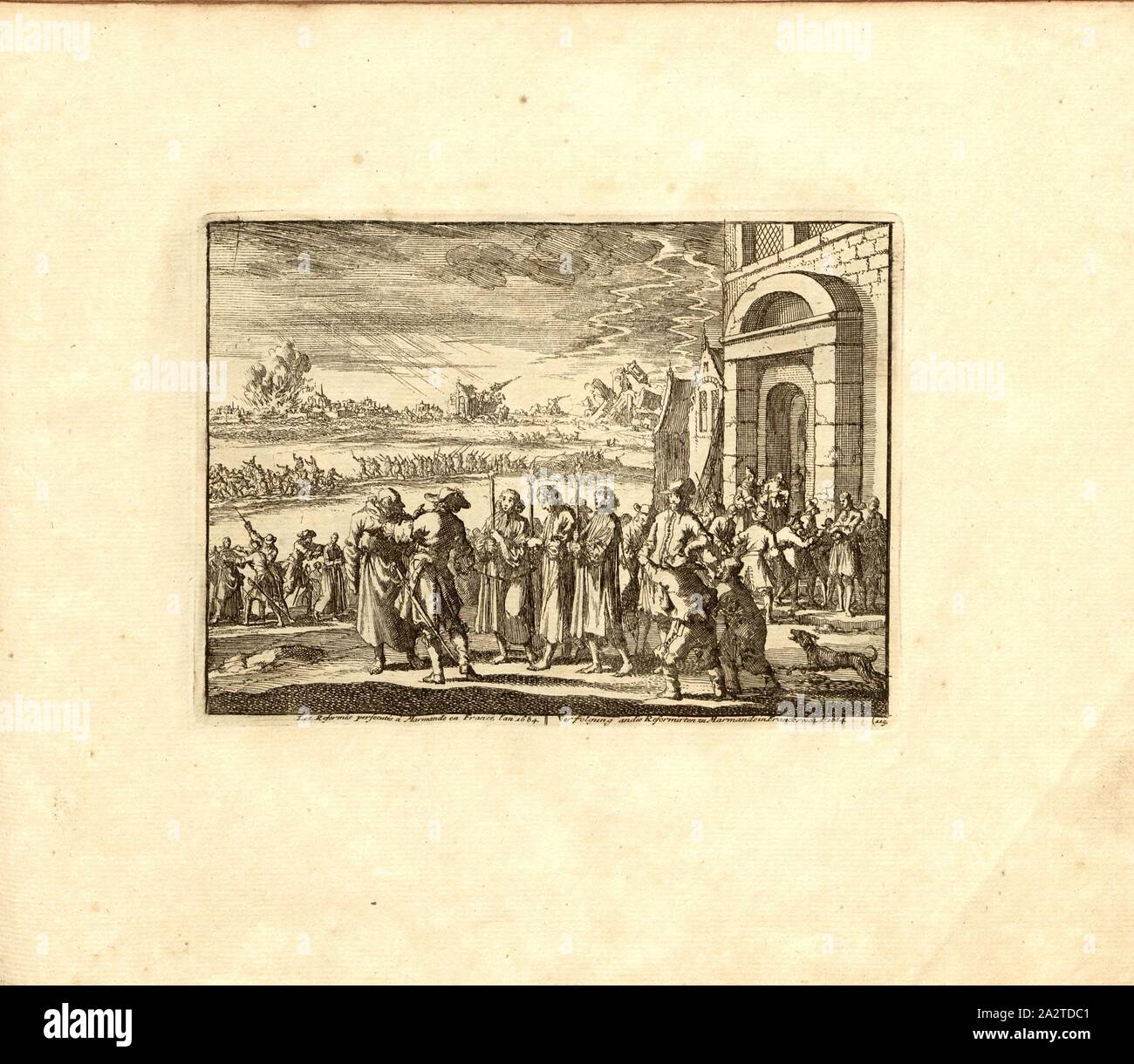 La riforma perseguitati a Marmande in Francia, anno 1684, parallele Titolo: Persecuzione della riforma a Marmande in Francia una nn o 1684, incisione su rame, 113.), p. 235, Luyken, Jan (inv. et fec.), Jan Luyken: Théâtre des Martyrs: depuis la mort de J.Cristo jusqu'à presente: représenté en très belles tailles-douces = Schau-Bühne der Martirer; gezeichnet und in Kuppfer gestochen. Leyde: Chez Pierre Van der Aa, [1711 Foto Stock