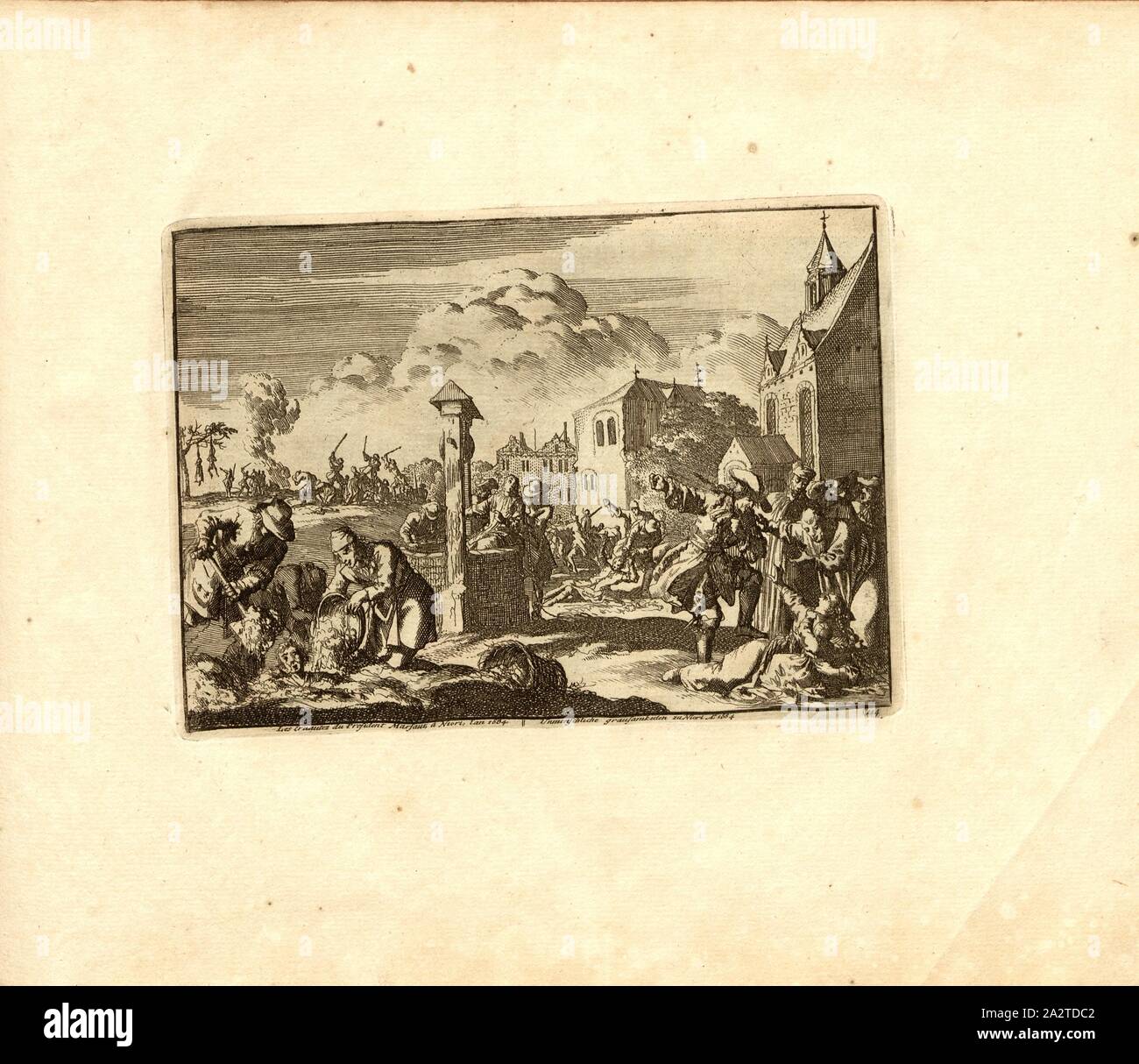 La crudeltà del Presidente Marsaut in Niort, anno 1684, parallele Titolo: crudeltà disumane a Niort a nn o 1684, incisione su rame, 114.), p. 237, Luyken, Jan (inv. et fec.), Jan Luyken: Théâtre des Martyrs: depuis la mort de J.Cristo jusqu'à presente: représenté en très belles tailles-douces = Schau-Bühne der Martirer; gezeichnet und in Kuppfer gestochen. Leyde: Chez Pierre Van der Aa, [1711 Foto Stock
