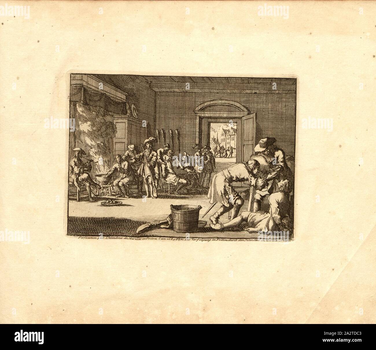 La persecuzione da parte dell'intendente di Marillac in Poitou, anno 1685, parallele Titolo: la persecuzione in Poitou dall'intendente de Marillac a nn o 1685, incisione su rame, 115.), p. 239, Luyken, Jan (inv. et fec.), Jan Luyken: Théâtre des Martyrs: depuis la mort de J.Cristo jusqu'à presente: représenté en très belles tailles-douces = Schau-Bühne der Martirer; gezeichnet und in Kuppfer gestochen. Leyde: Chez Pierre Van der Aa, [1711 Foto Stock