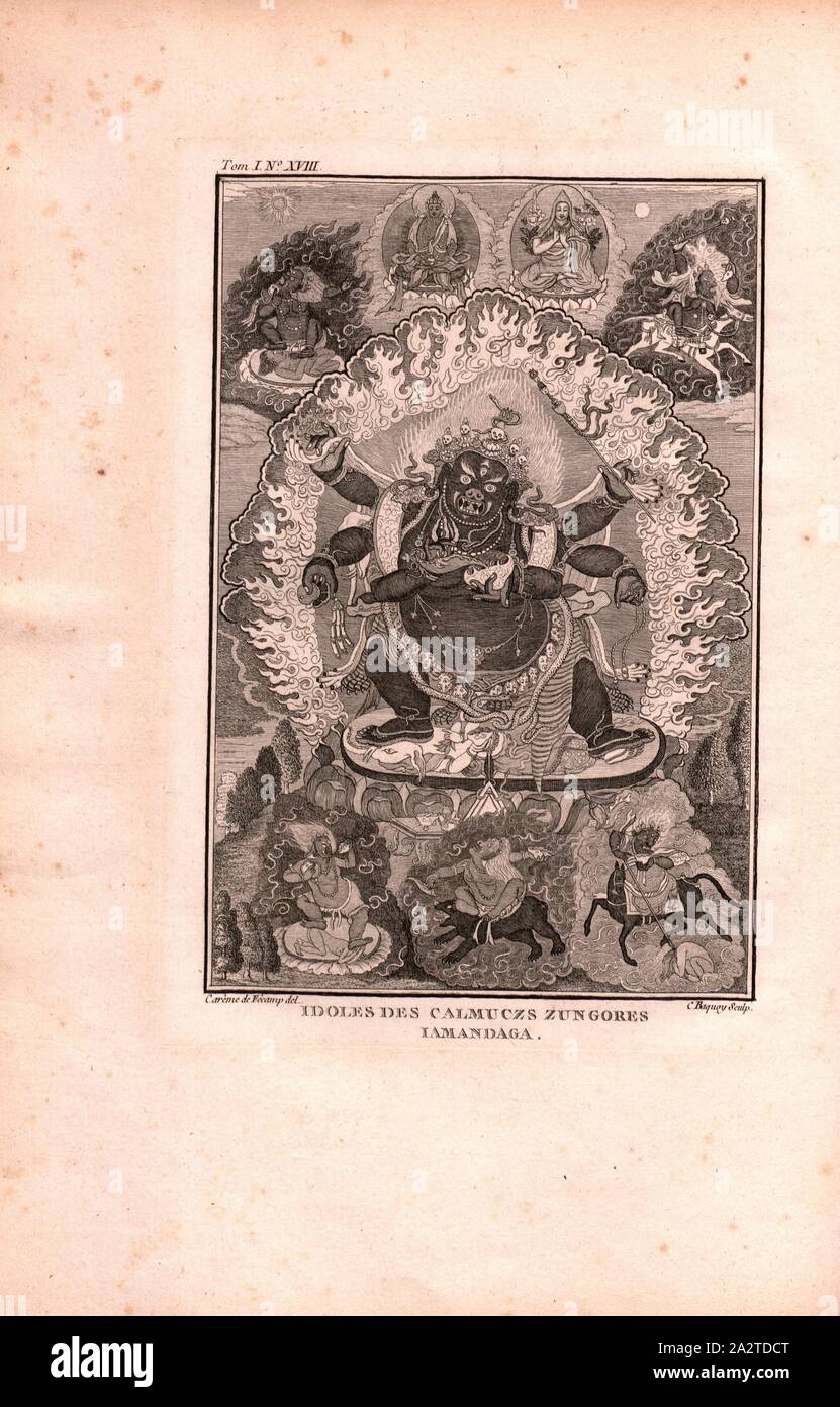 Gli idoli di Calmuczs Zungores Iamandaga, Religione e Mitologia: Idolo di Iamandaga, un re della Western popolo mongolo, il Kalmyks, firmato: Carême de Fêcamp (CANC.), C. Baquoy (sculp.), incisione su rame, n. XVIII, secondo p. 302 (vol. 1), Fécamp, Carême de ; Baquoy, Jean-Charles, 1768, Jean Chappe d'Auteroche: Voyage en Sibérie fait par ordre du Roy en 1761: contenant les moeurs, les usi des Russes, et l'Etat attuale de cette potenze. Parigi: Chez Debure, 1768 Foto Stock
