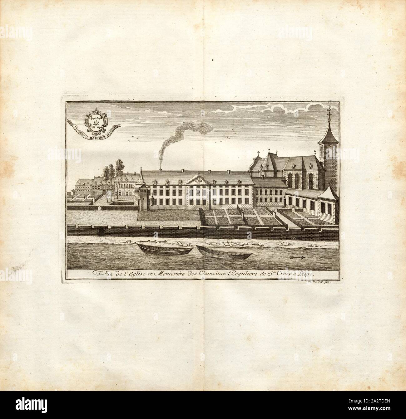 Veduta della chiesa e convento dei Canonici Regolari di Ste. Croce di Liegi, abbazia e chiesa Sainte-Croix a Liegi (Belgio), firmato R. Le Loup fec, Fig. 13, secondo p. 182, Leloup, Remacle (fec.), 1744, Les Délices du païs de Liège, ou description géographique, topographique et chorographique des monumens sacrés et profana de cet evêché-principauté et de ses limites. Ouvrage orné d'une carte générale & de quantité de planches en taille-douce, contenant les vûës de toutes les villes, églises, monastères, edifici pubblici, Châteaux & maisons de campagne de ce païs; avec des notes pour Foto Stock