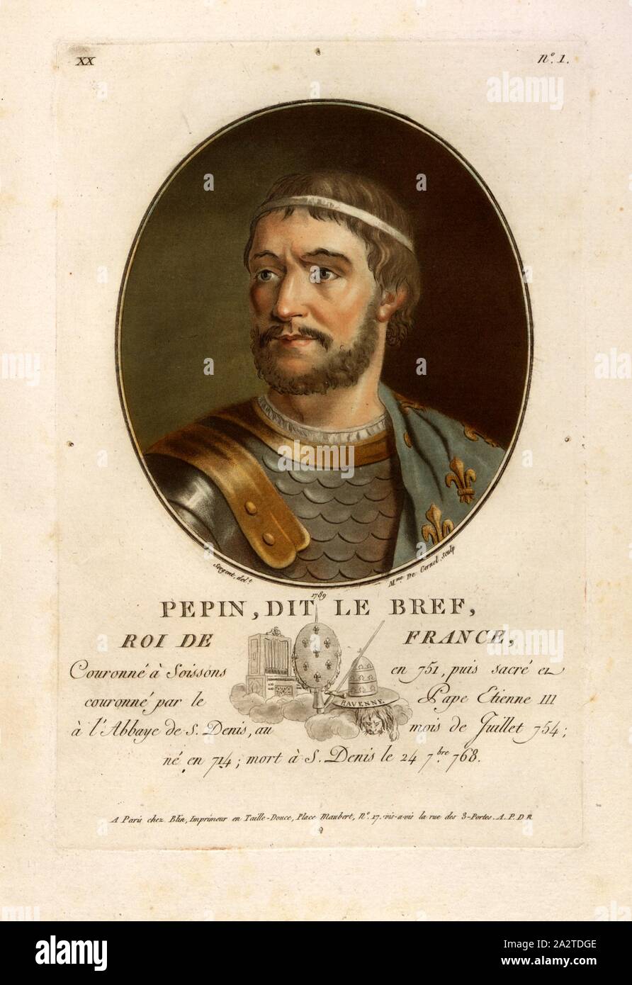 Pipino, dice il Breve, re di Francia, Pippin III., anche Pipino il giovane, firmato: Sergent (CANC.); Mme. De Cernel (sculp.); chez Blin, XX n. 1, Sergent, Antoine Louis François (CANC.); Cernel, Maria-Luisa-Suzanne Champion de (sc.); Blin (chez), Antoine François Sergent-Marceau: Ritratti des Grands Hommes femmes illustres et sujets mémorables de France: gravés et imprimés en couleurs. Dédié au Roi. Bd. 1. Parigi: Chez Blin, Imprimeur en Taille-Douce, [1786-1792 Foto Stock