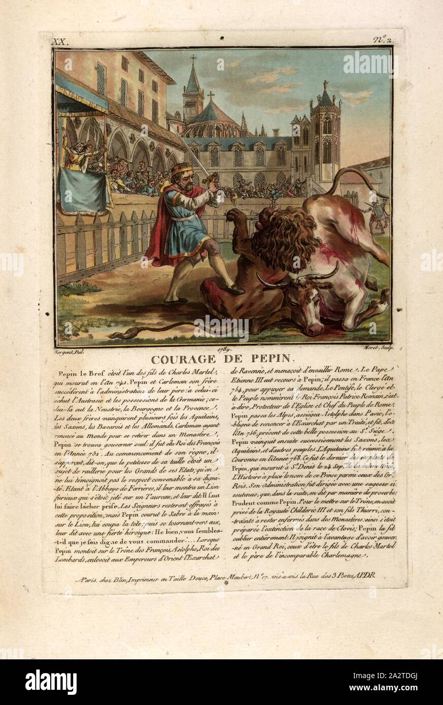 Il coraggio di Pipino, Battaglia di Pipino III., (Pipino il giovane) contro un leone a l'Abbaye de Ferrières, firmato: Sergen (CANC.); Moret (sculp.); chez Blin, XX n. 2, Sergent, Antoine Louis François (CANC.); Morret, Jean-Baptiste (sculp.); Blin (chez), Antoine François Sergent-Marceau: Ritratti des Grands Hommes femmes illustres et sujets mémorables de France: gravés et imprimés en couleurs. Dédié au Roi. Bd. 1. Parigi: Chez Blin, Imprimeur en Taille-Douce, [1786-1792 Foto Stock