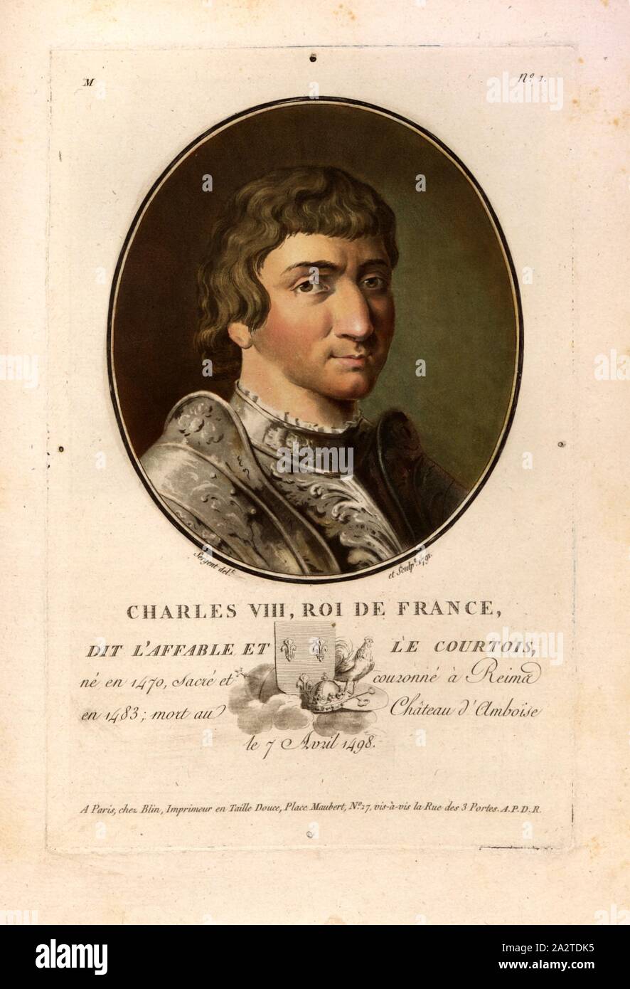 Carlo VIII re di Francia, dice l'affabile e la Courtois, Carlo VIII, il cordiale e cortese, re di Francia, firmato: Sergent (canc et sculp.); chez Blin, M n. 1, Sergent, Antoine Louis François (CANC. et sc.); Blin (chez), Antoine François Sergent-Marceau: Ritratti des Grands Hommes femmes illustres et sujets mémorables de France: gravés et imprimés en couleurs. Dédié au Roi. Bd. 1. Parigi: Chez Blin, Imprimeur en Taille-Douce, [1786-1792 Foto Stock