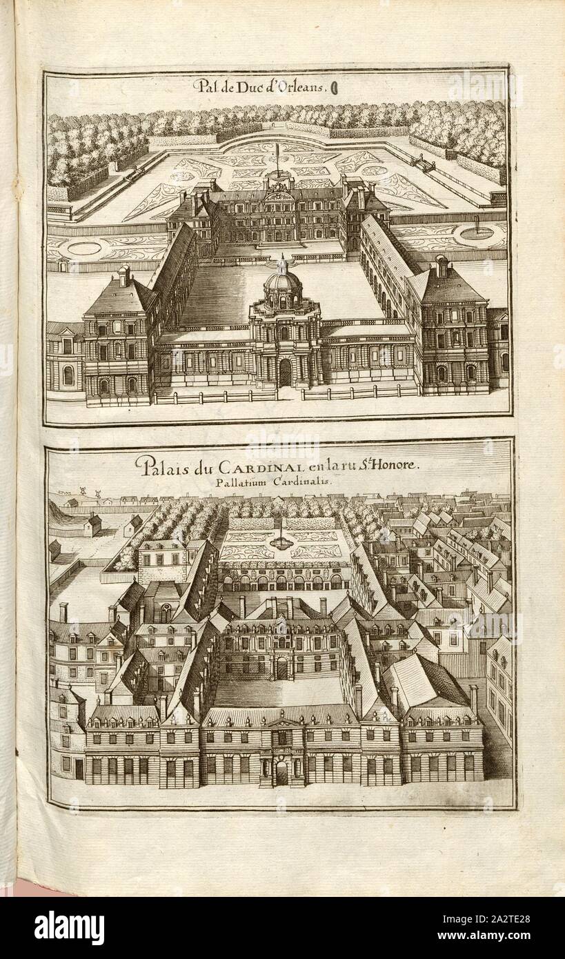 Pal. del Duca di Orleans e Palazzo del cardinale di San Honore, Pallatium Cardinalis, Palais d'Orléans (ora Palais du Luxembourg) a Parigi, Fig. 46, p. 64, Martin Zeiller: topographia" Galliae, oder Beschreibung und der Contrafaitung vornehmbsten und bekantisten Oerter in dem mächtigen und grossen Königreich Franckreich: beedes auss eygner Erfahrung und den besten und berühmbtesten Scribenten così in underschiedlichen Spraachen davon aussgangen seyn auch auss erlangten bericht- und Relationen von etlichen Jahren zusammengetragen eroe in richtige Ordnung gebracht und auff begehren zum Druck Foto Stock