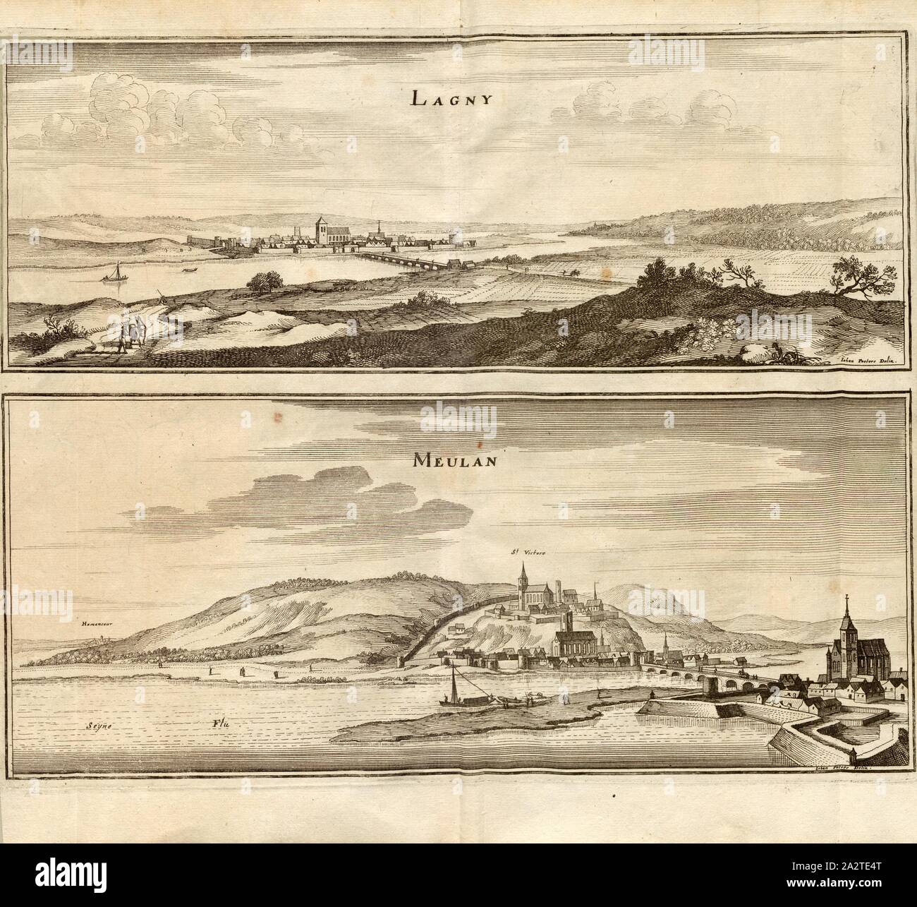 Lagny e Meulan, Lagny-sur-Marne e Meulan-en-Yvelines sulla Senna in Francia, firmato: Iohan Peeters Delin, Fig. 97, dopo p. 96, Peeters, Jacob (CANC.), Martin Zeiller: topographia" Galliae, oder Beschreibung und der Contrafaitung vornehmbsten und bekantisten Oerter in dem mächtigen und grossen Königreich Franckreich: beedes auss eygner Erfahrung und den besten und berühmbtesten Scribenten così in underschiedlichen Spraachen davon aussgangen seyn auch auss erlangten bericht- und Relationen von etlichen Jahren zusammengetragen eroe in richtige Ordnung gebracht und auff begehren zum Druck Foto Stock