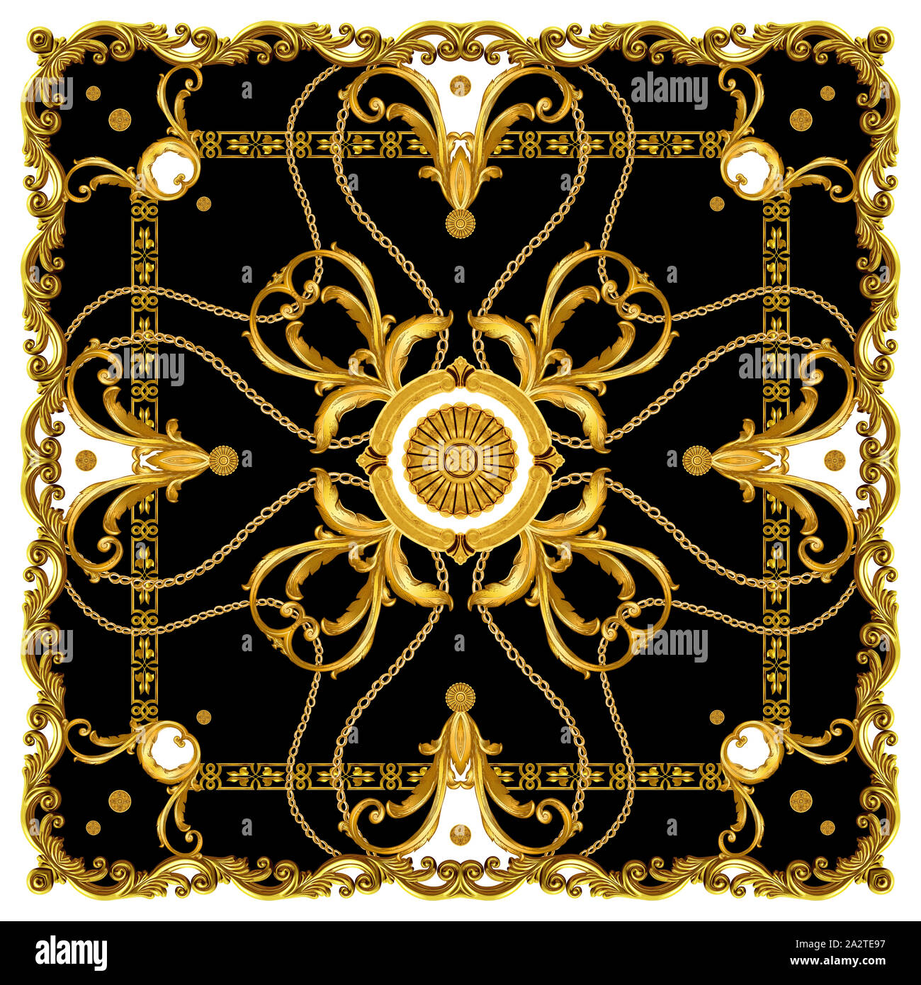 Lusso barocco dorato. Scialle gioielli Design. Foulard di seta con catene d'oro. Pronto per la stampa tessile. Su sfondo nero. Foto Stock