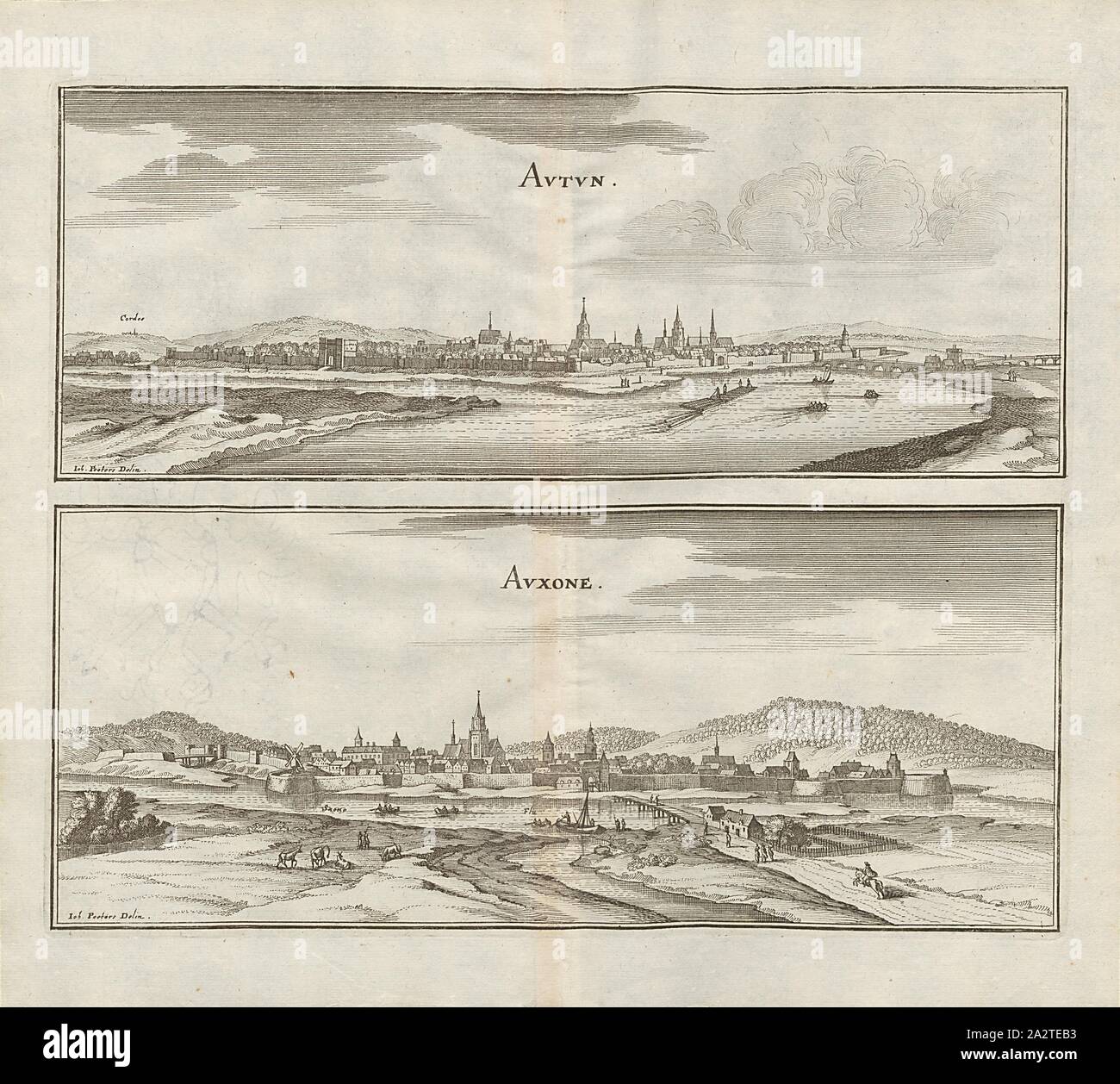 Autun e Auxone, Autun e Auxone del Ducato di Borgogna, Fig. 4, Vierder Theil, dopo p. 6, Martin Zeiller: topographia" Galliae, oder Beschreibung und der Contrafaitung vornehmbsten und bekantisten Oerter in dem mächtigen und grossen Königreich Franckreich: beedes auss eygner Erfahrung und den besten und berühmbtesten Scribenten così in underschiedlichen Spraachen davon aussgangen seyn auch auss erlangten bericht- und Relationen von etlichen Jahren zusammengetragen eroe in richtige Ordnung gebracht und auff begehren zum Druck verfertiget. Bd. 3. Frankfurt am Mayn: Im Verlag Caspar Merians Foto Stock