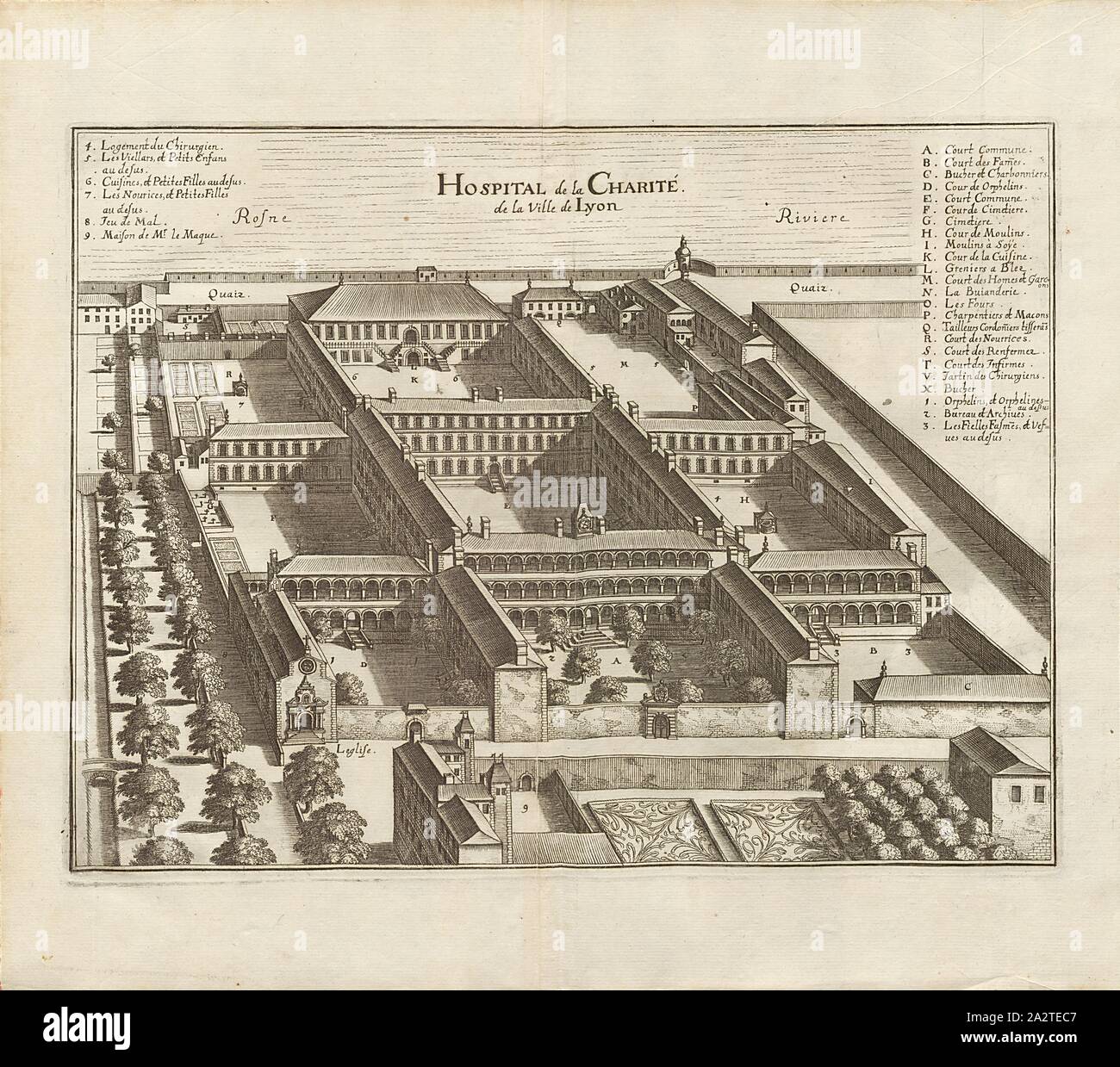 Ospedale di carità della città di Lione, ospedale Charité a Lione, Fig. 31, quinta parte, dopo p. 14, Martin Zeiller: topographia" Galliae, oder Beschreibung und der Contrafaitung vornehmbsten und bekantisten Oerter in dem mächtigen und grossen Königreich Franckreich: beedes auss eygner Erfahrung und den besten und berühmbtesten Scribenten così in underschiedlichen Spraachen davon aussgangen seyn auch auss erlangten bericht- und Relationen von etlichen Jahren zusammengetragen eroe in richtige Ordnung gebracht und auff begehren zum Druck verfertiget. Bd. 3. Frankfurt am Mayn: Im Verlag Caspar Foto Stock