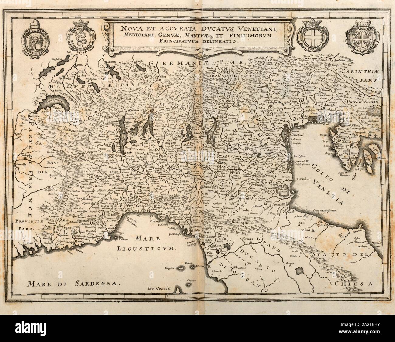 Una nuova e accurata Ducato Venetiani, Milano, Genova, Mantova e il principio dei Caraibi ', mappa del Nord Italia, Fig. 5, Merian, causa Matthaeus, der Ältere (fec.), 1640, Martin Zeiller: Itinerarium Italiae nov-antiquae oder Raiss-Beschreibung durch Italien: darinn nicht allein viel underschiedliche Weg durch das Welschland selbsten [...]. Frankfurt am Mayn: in Verlegung Matthaei Merians, M.DC.XL. [1640 Foto Stock