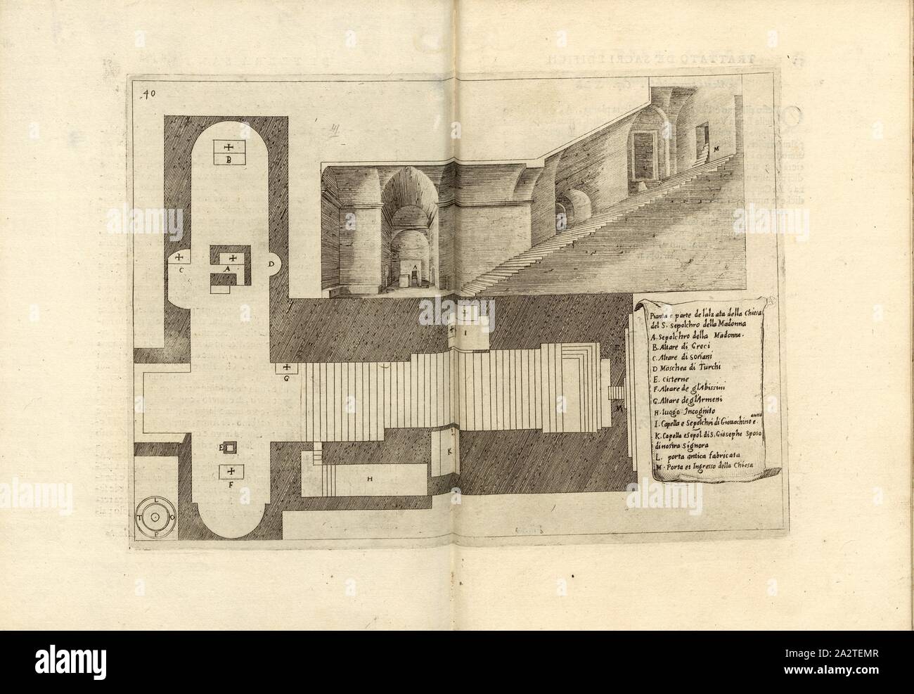 Piante e parte della salita della chiesa del Santo Sepolcro della Madonna, piano piano e la sezione trasversale della tomba di Mariano nel torrente Kidron vicino a Gerusalemme, Fig. 28, 40, dopo p. 51, Amico, Bernardino (inv.); Tempesta, Antonio (sc.), 1591, Bernardino amico da Gallipoli: Trattato delle Piante & Immagini de Sacri Edifizi di Terra Santa disegnate in Jerusalemme secondo le regole della prospettiva & vera misura della lor grandezza. Firenza: appresso Pietro Cecconcelli, 1620 (am Schluss M.DC.XIX [1619 Foto Stock