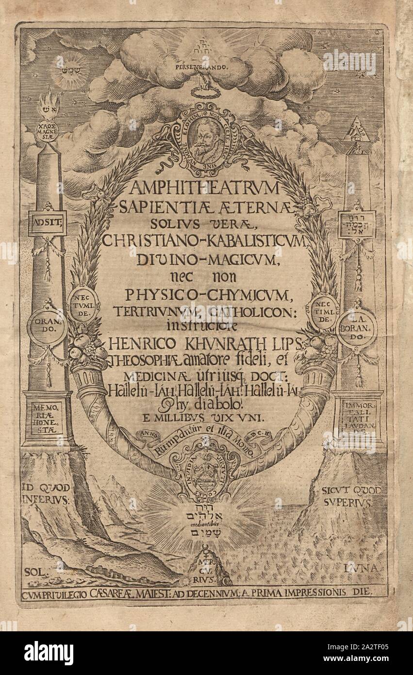 Titelblatt aus Heinrich Khunrathi ' Essi sei la sapienza eterna ... ', Titolo pagina da Heinrich Khunrath 'Amphitheatrum sapientiae aeternae ...' dal XVII secolo, unsigned;, TAF. 1, p. 5, 1609, Heinrich Khunrath: Amphitheatrum sapientiae aeternae, solius verae, christiano-kabalisticum, divino-magicum, nec non fisico-chymicum, tertriunum, catholicon Foto Stock