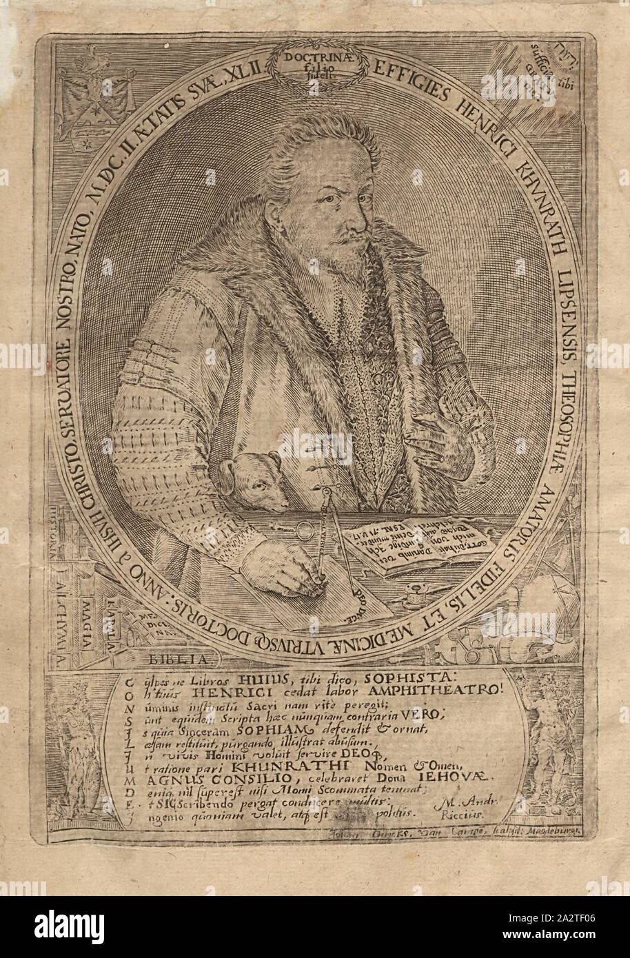 Heinrich Kunrath il ritratto, ritratto di Heinrich Kunrath dal XVII secolo, firmato: gio ... Di ... icks van ... ampe, scalpsit: Mandeburg, TAF. 2, p. 7, 1609, Heinrich Khunrath: Amphitheatrum sapientiae aeternae, solius verae, christiano-kabalisticum, divino-magicum, nec non fisico-chymicum, tertriunum, catholicon Foto Stock