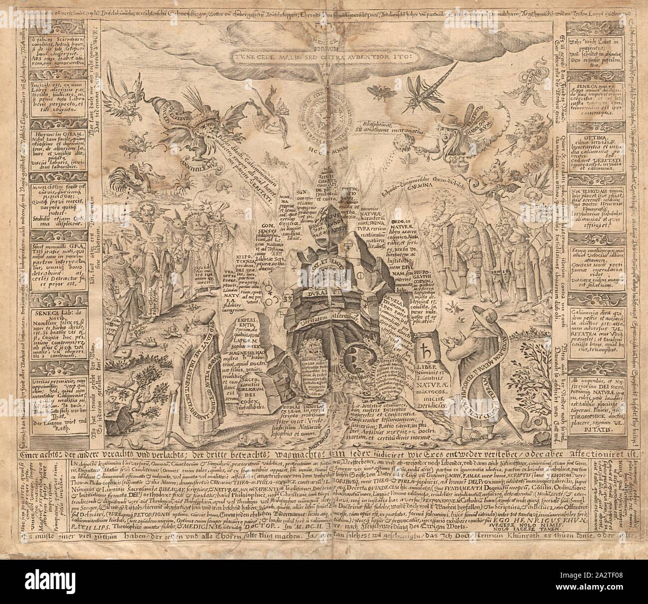 Feinde, la figura del pannello di nemici da Heinrich Khunrath 'Amphitheatrum sapientiae aeternae' dal XVII secolo, TAF. 3, p. 10, 1609, Heinrich Khunrath: Amphitheatrum sapientiae aeternae, solius verae, christiano-kabalisticum, divino-magicum, nec non fisico-chymicum, tertriunum, catholicon Foto Stock