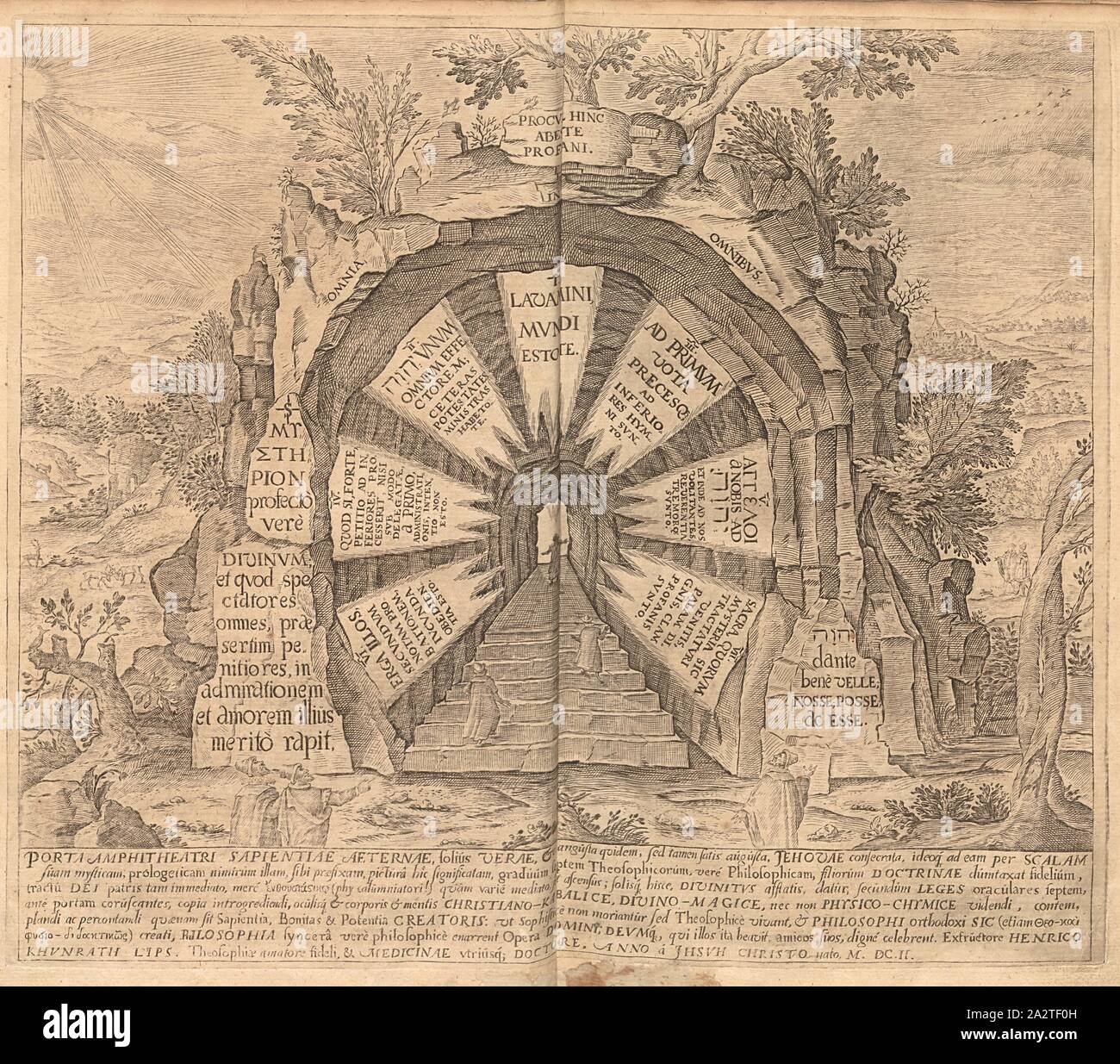 Anfiteatro di gateway, illustrazione del pannello porta Amphitheatri' da Heinrich Khunrath 'Amphitheatrum sapientiae aeternae' dal XVII secolo, TAF. 9, p. 28, 1609, Heinrich Khunrath: Amphitheatrum sapientiae aeternae, solius verae, christiano-kabalisticum, divino-magicum, nec non fisico-chymicum, tertriunum, catholicon Foto Stock