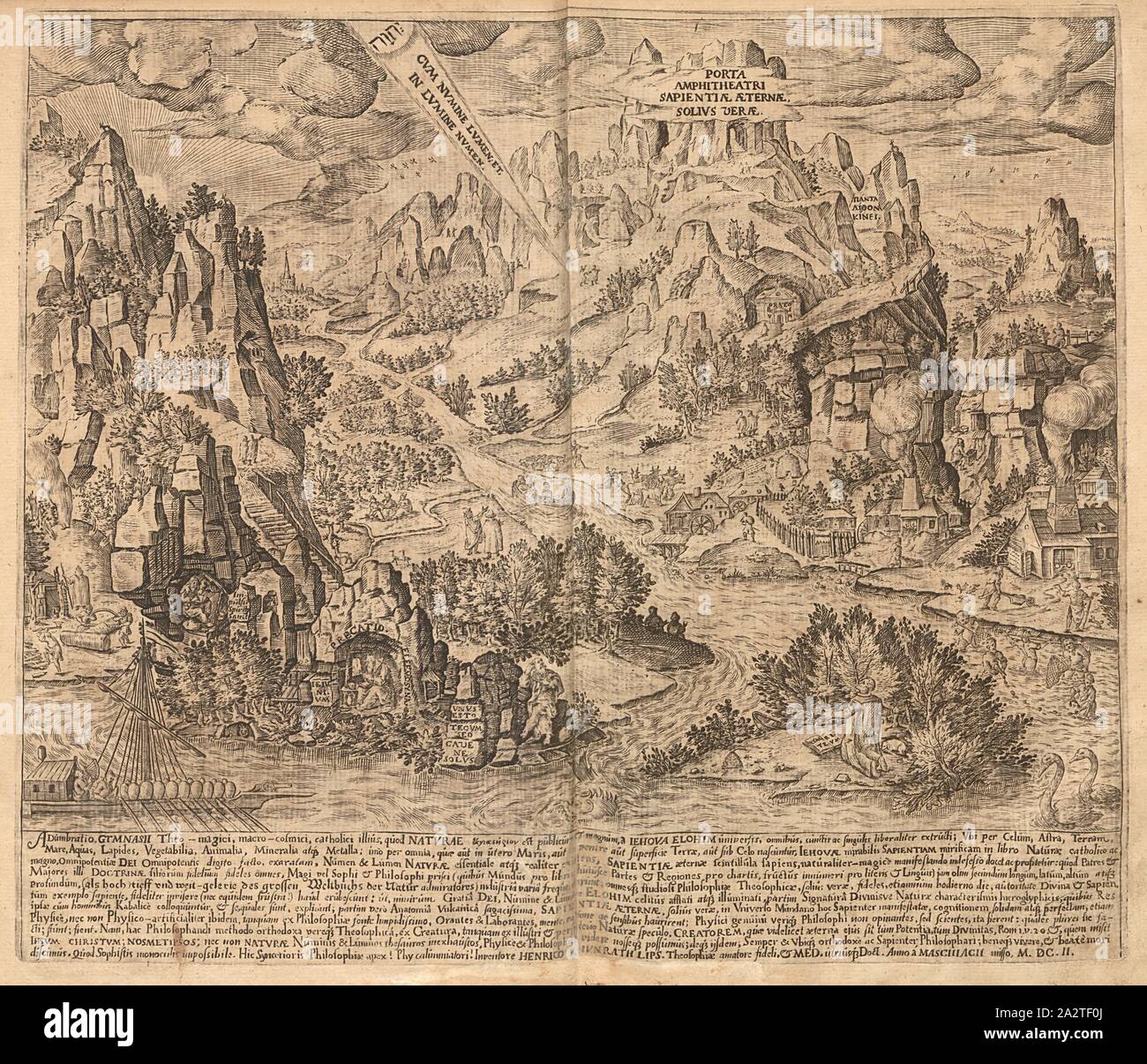 Delineare Gymnasii, illustrazione del pannello 'Adumbratio Gymnasii' da Heinrich Khunrath 'Amphitheatrum sapientiae aeternae' dal XVII secolo, TAF. 10, p. 31, 1609, Heinrich Khunrath: Amphitheatrum sapientiae aeternae, solius verae, christiano-kabalisticum, divino-magicum, nec non fisico-chymicum, tertriunum, catholicon Foto Stock