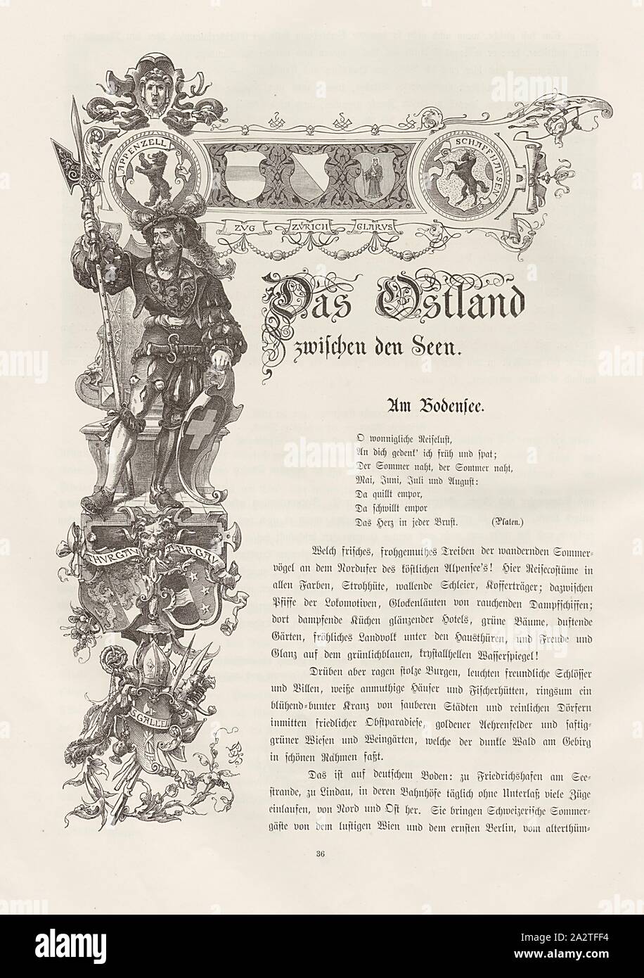 Frontespizio, Titolo vignette con vari emblemi cantonali dal xix secolo, Fig. 31, p. 36, Woldemar Kaden: Das Schweizerland: eine Sommerfahrt durch Gebirg und Thal. Stoccarda: Engelhorn, 1875 Foto Stock