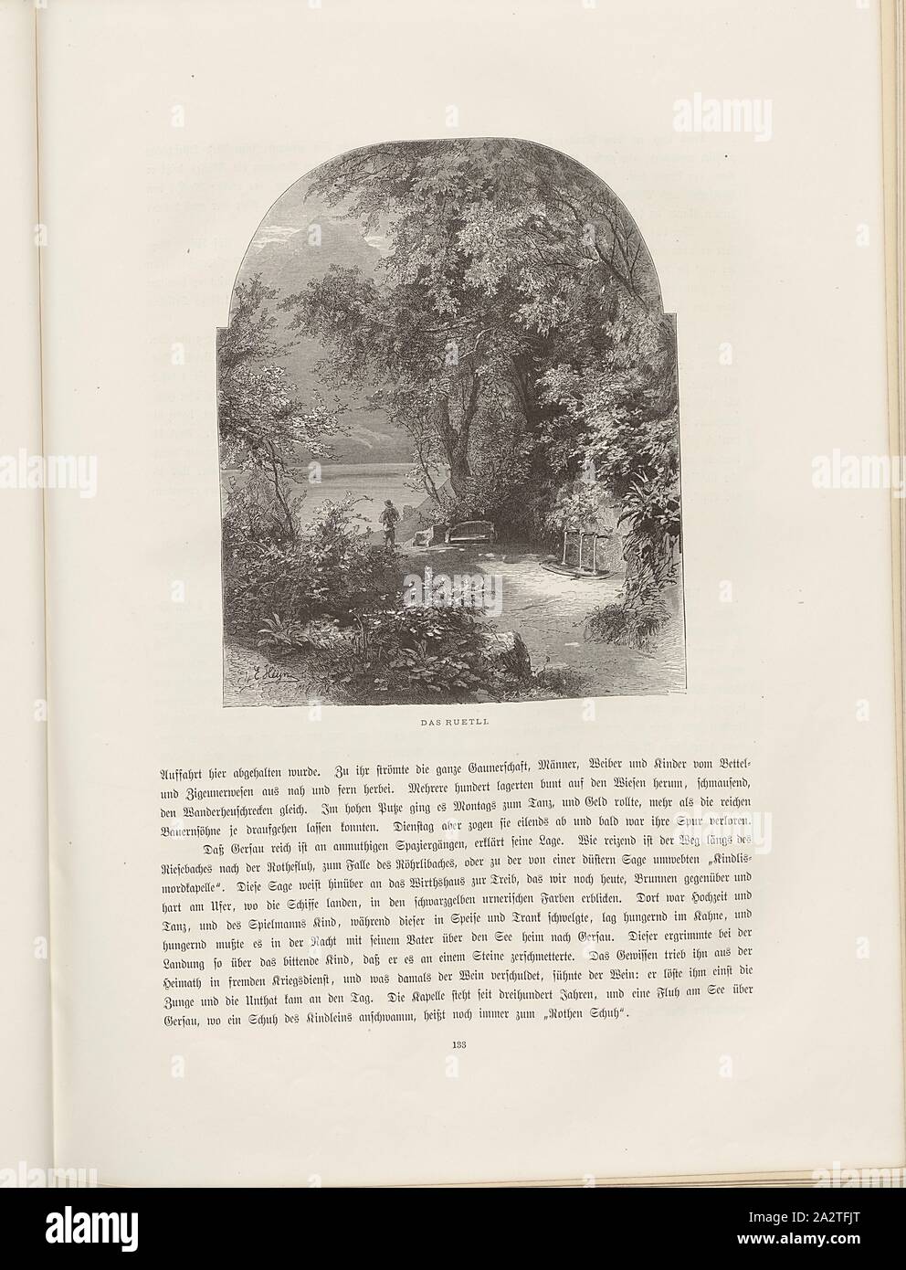 Das Ruetli, illustrazione del Rütli dal xix secolo, firmato: E. HEYN, X. J. V. Chr., A. Closs, Fig. 117, p. 133, Heyn, Ernst; Closs, Adolf, Woldemar Kaden: Das Schweizerland: eine Sommerfahrt durch Gebirg und Thal. Stoccarda: Engelhorn, 1875 Foto Stock