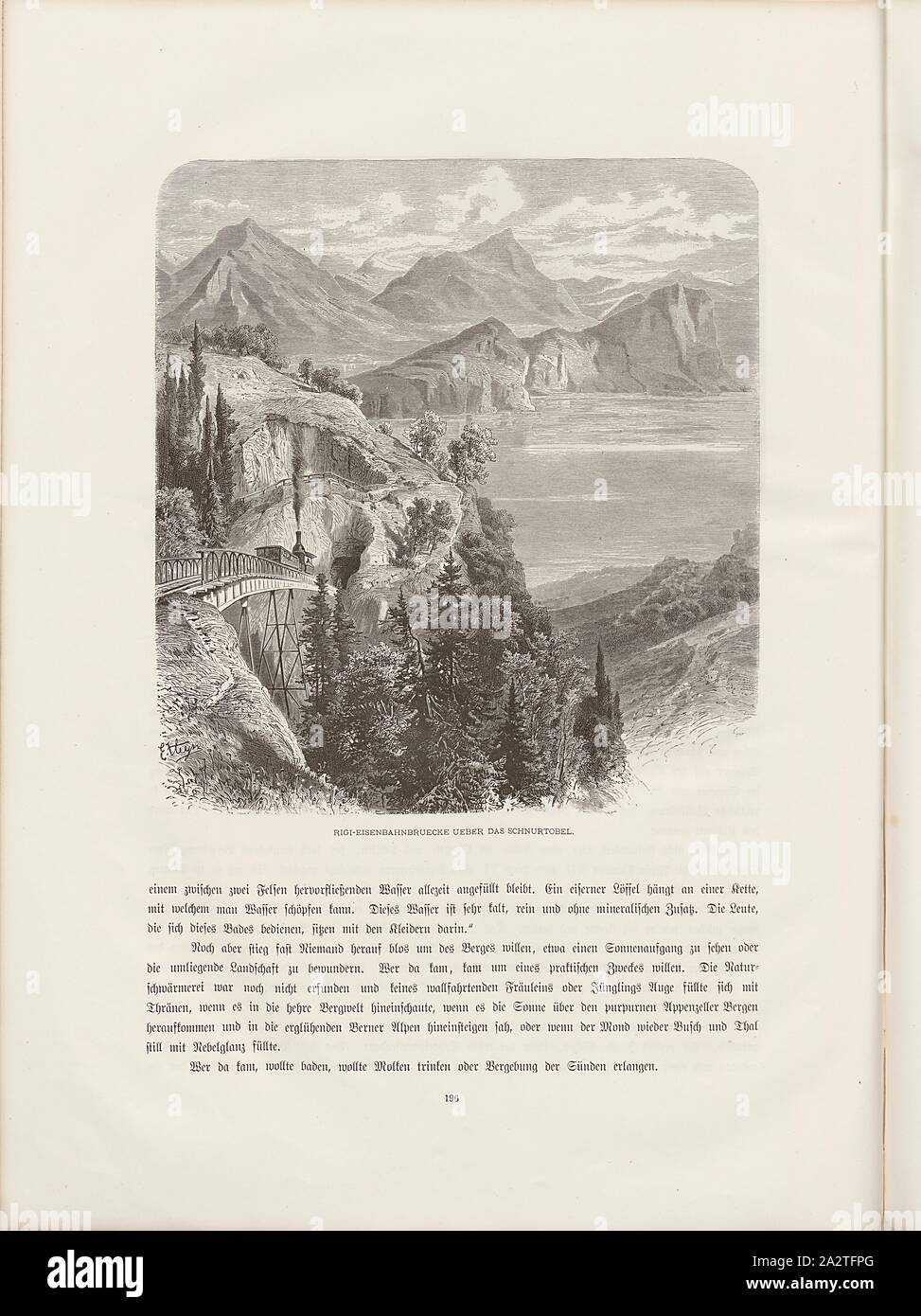 Rigi ponte ferroviario sulla Schnurtobel, illustrazione del Rigibahn Ponte del XIX secolo Schnurtobel, firmato: E. HEYN, Fig. 172, p. 196, Heyn, Ernst, Woldemar Kaden: Das Schweizerland: eine Sommerfahrt durch Gebirg und Thal. Stoccarda: Engelhorn, 1875 Foto Stock